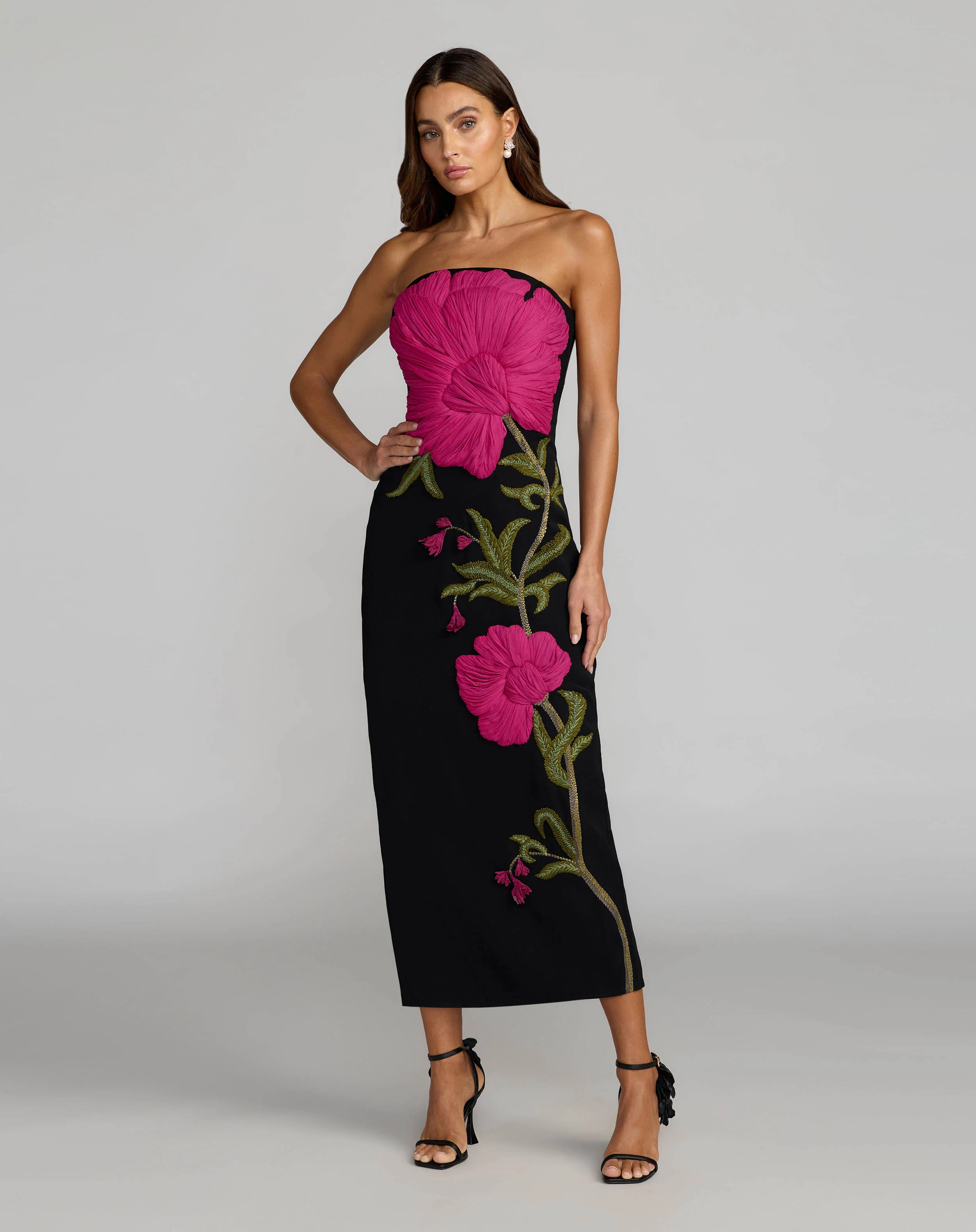 Black Strapless Floral Embroidered Midi Dress