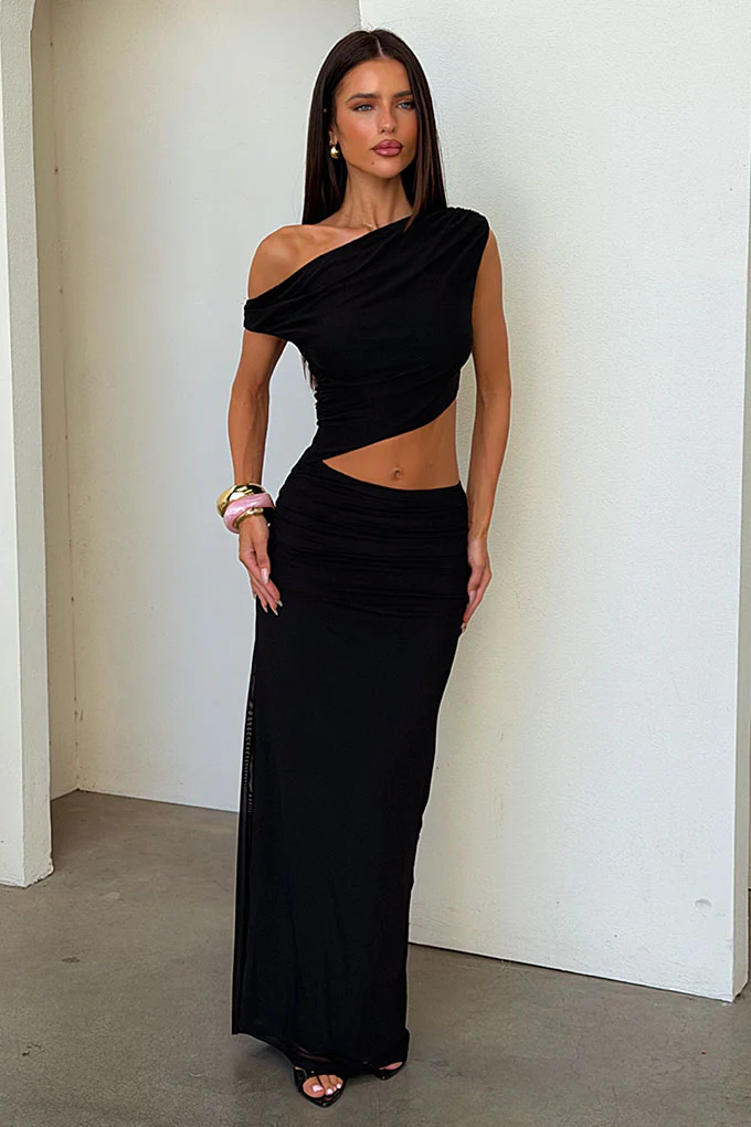 Tayissa Cut Out Mesh Maxi Dress - Black