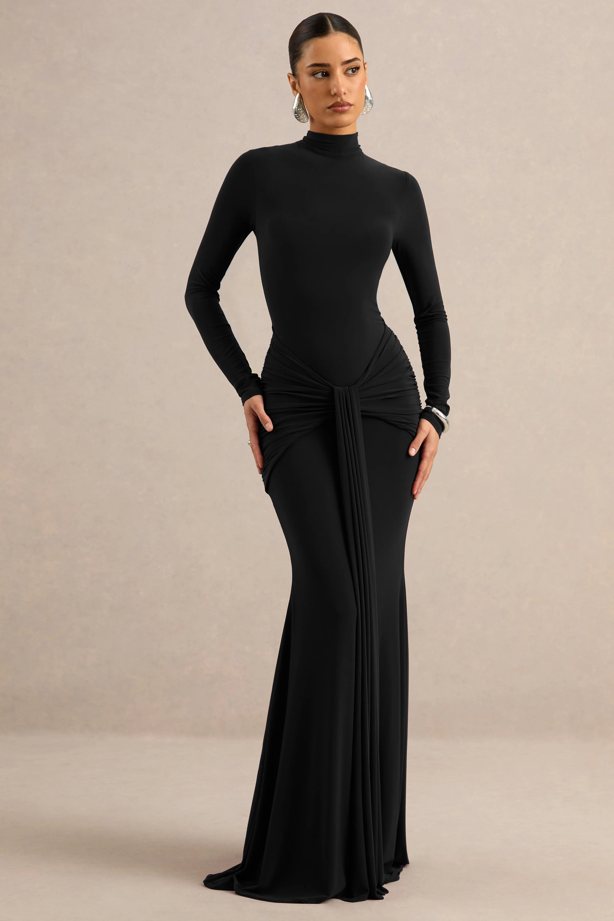 Seraphita | Black Jersey High Neck Long Sleeve Maxi Dress With Gathered Detailing And Sash