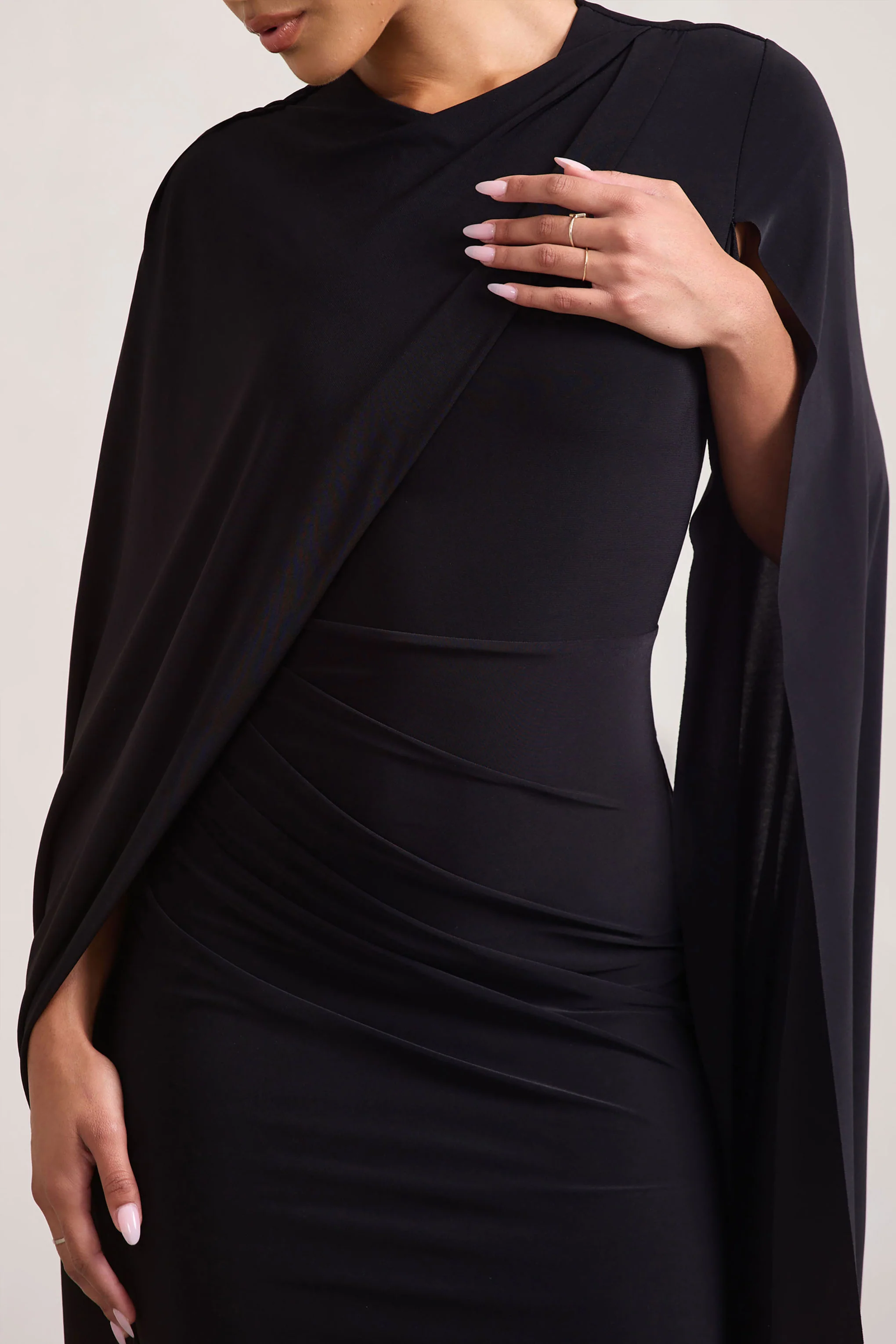Marysol | Black Asymmetric Cape Midi Dress