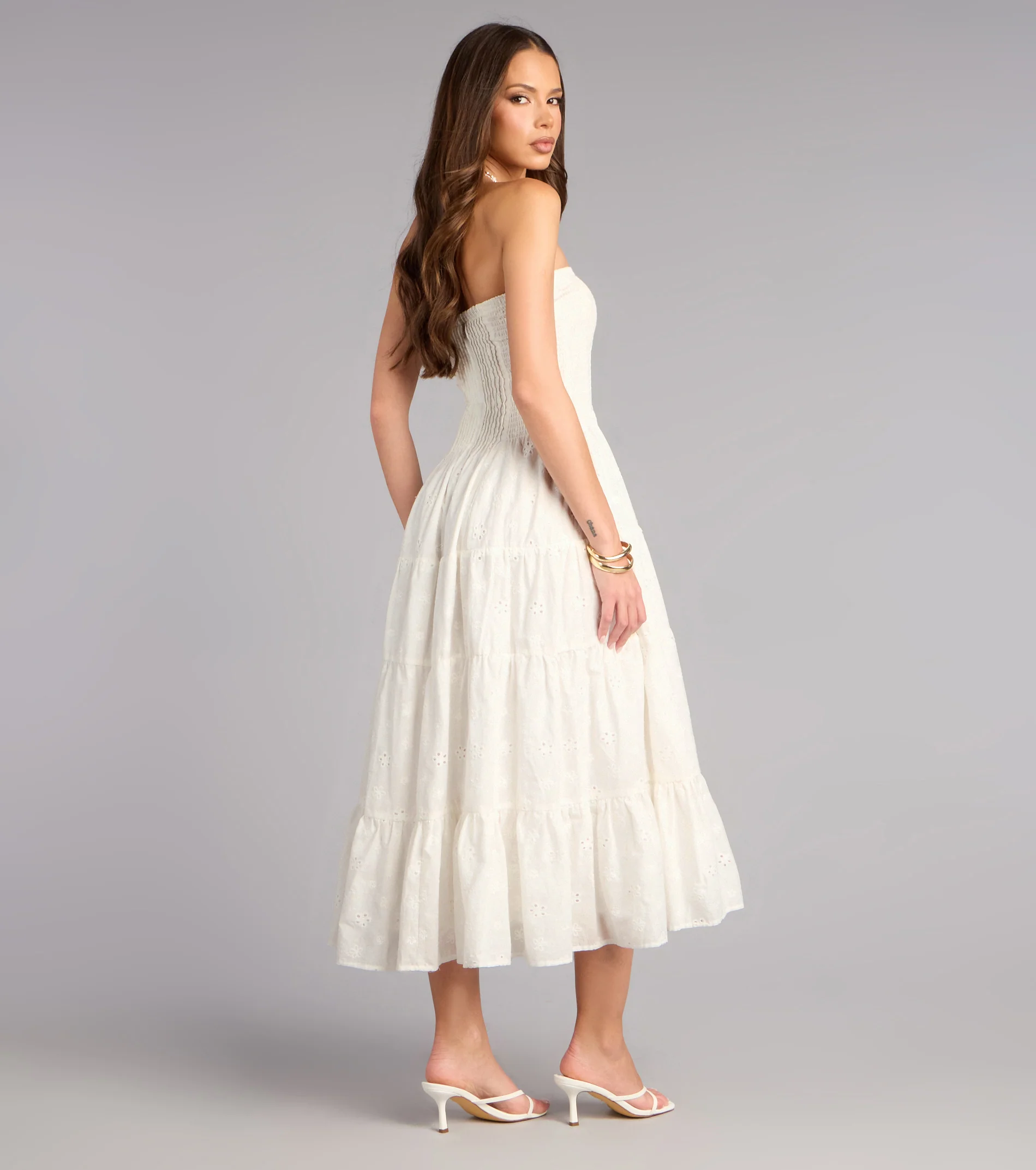 Daytime Vibe Floral Eyelet Strapless Midi Dress