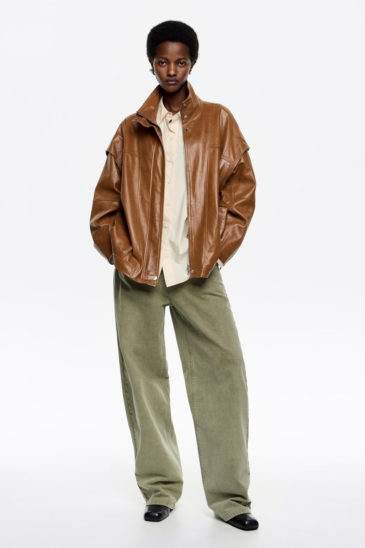 Caramel leather oversize jacket