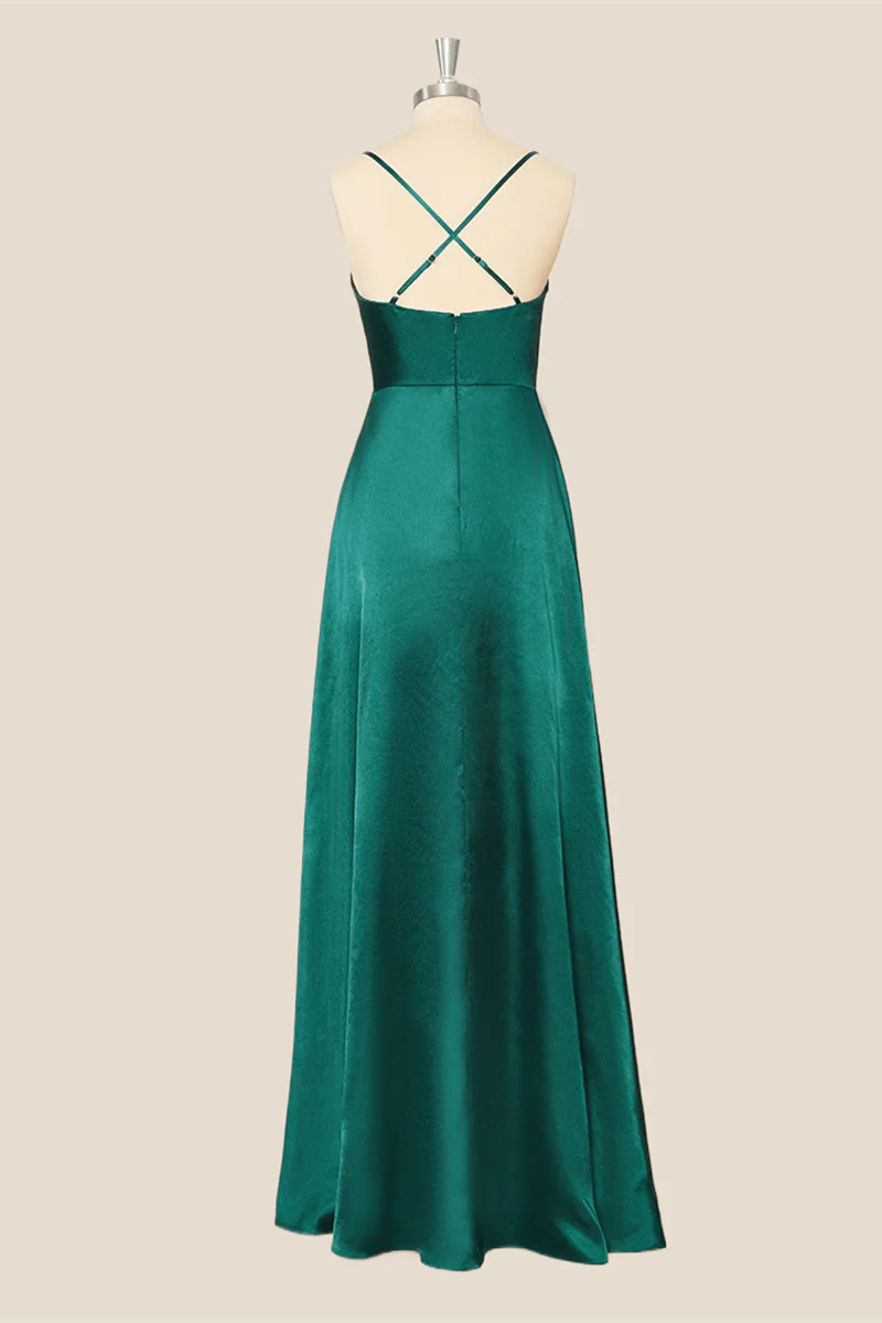 Straps Cowl Neck Green A-line Long Dress