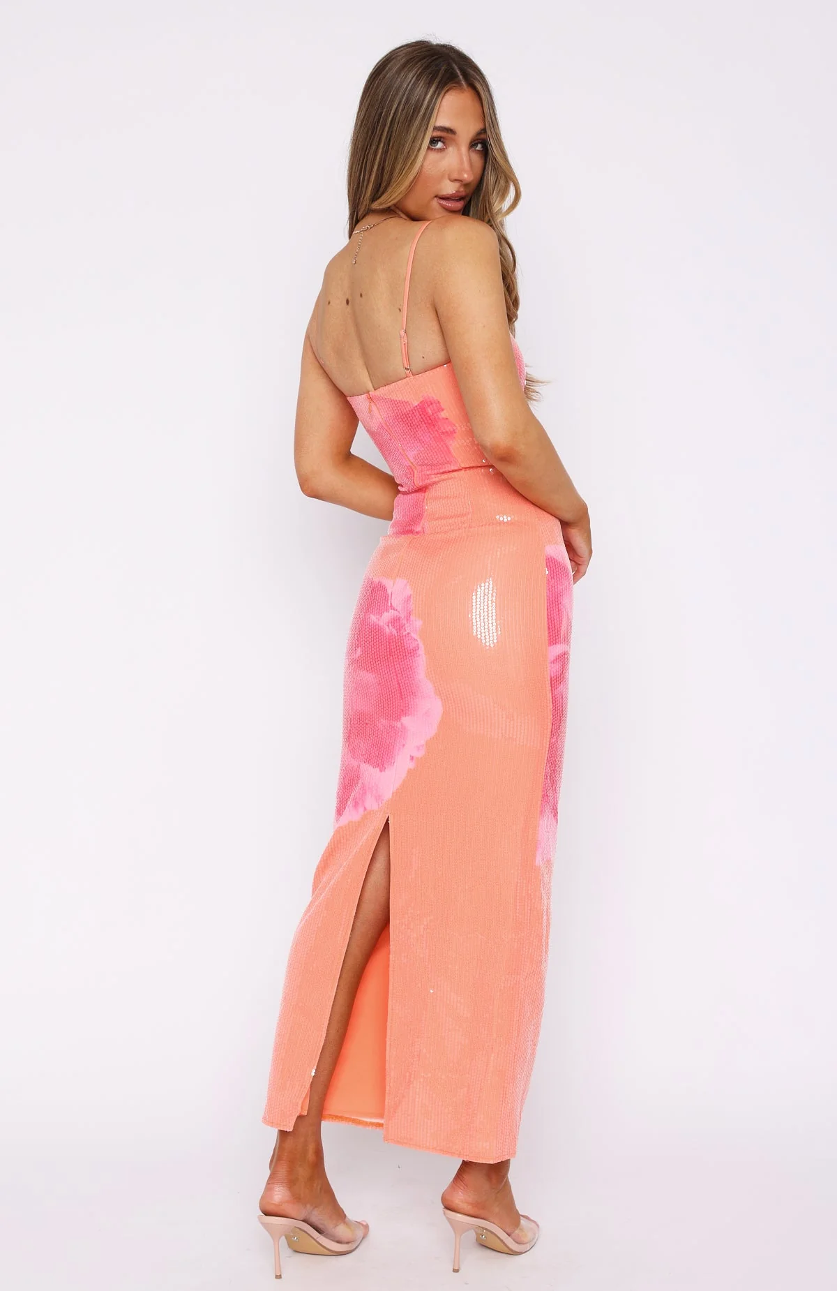 Telling Me Lies Sequin Maxi Dress Tangerine Blossom