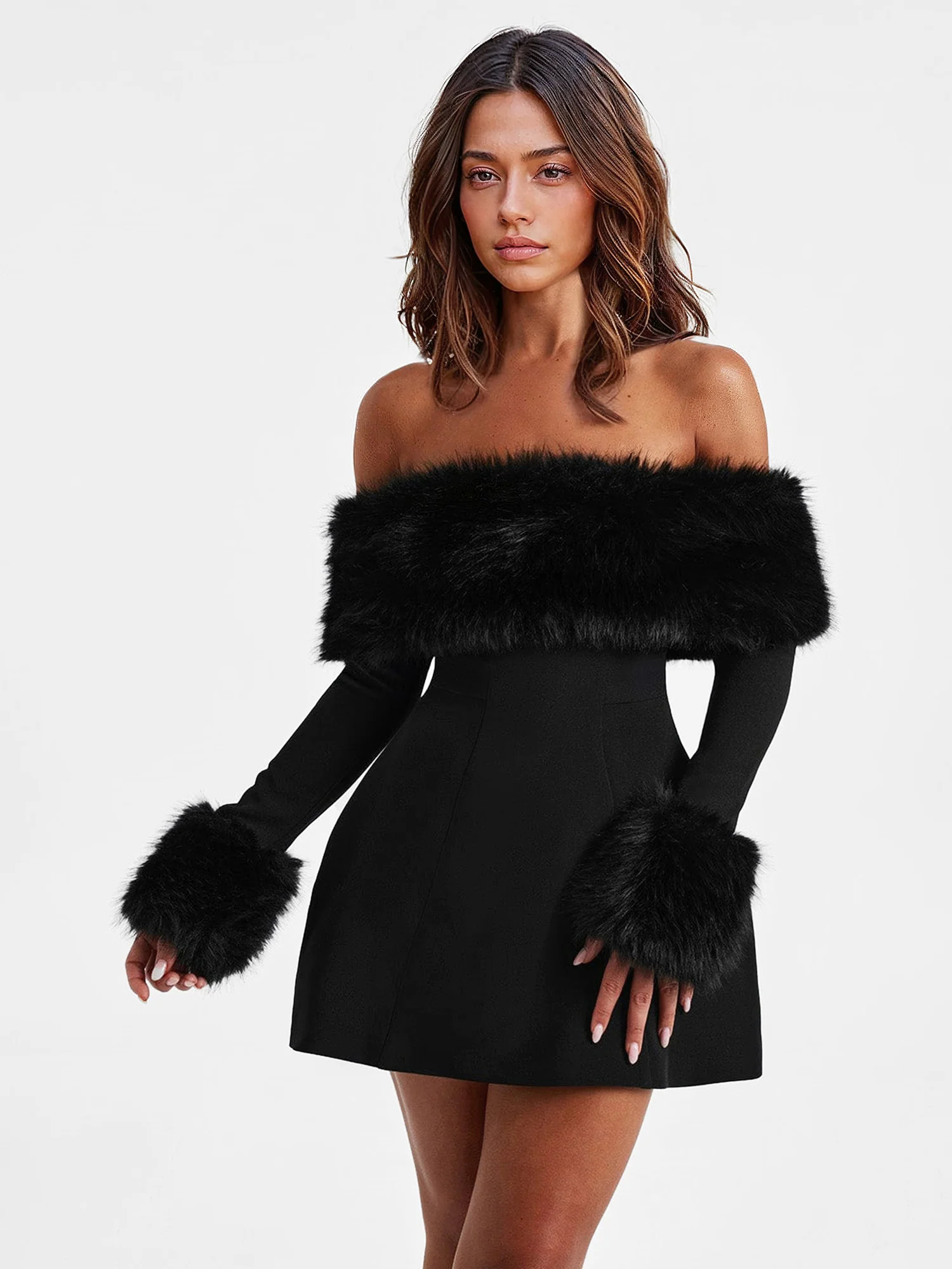 Faux Fur Off-Shoulder Mini Dress