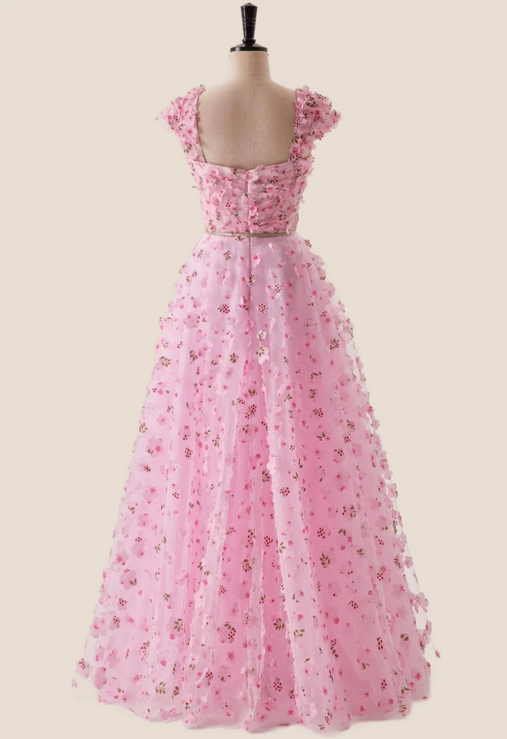 Pink Floral Cap Sleeves Long Formal Dress