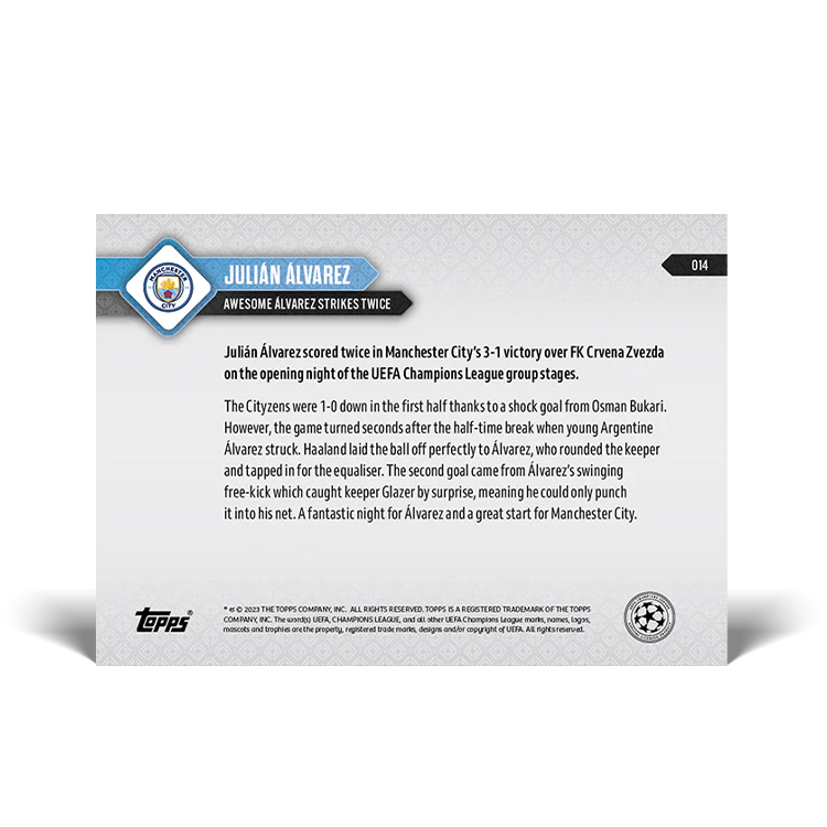 Topps UK - Julian Álvarez - Awesome Álvarez strikes twice - UCL TOPPS NOW® Card #14