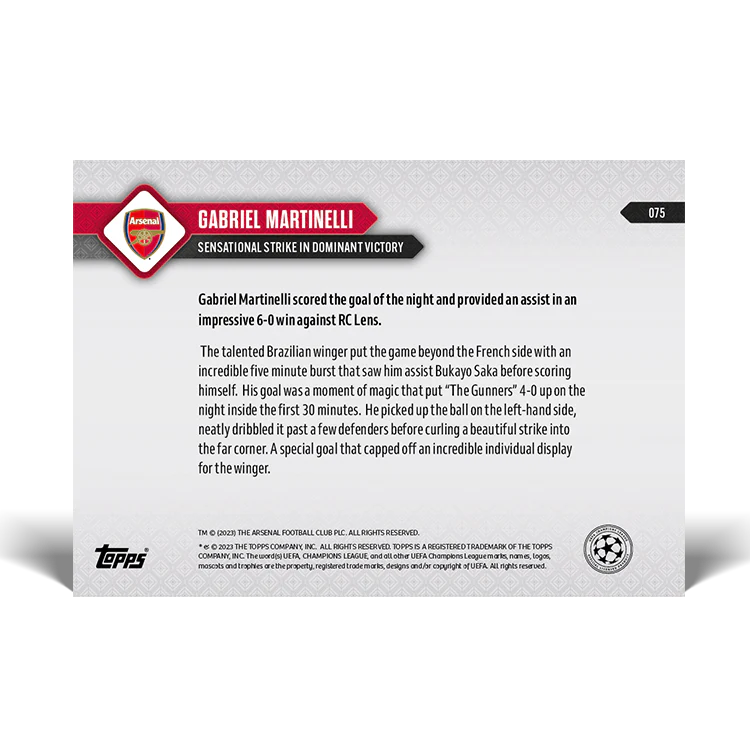 Topps UK - Gabriel Martinelli - Sensational strike in dominant victory - UCL TOPPS NOW® Card #75