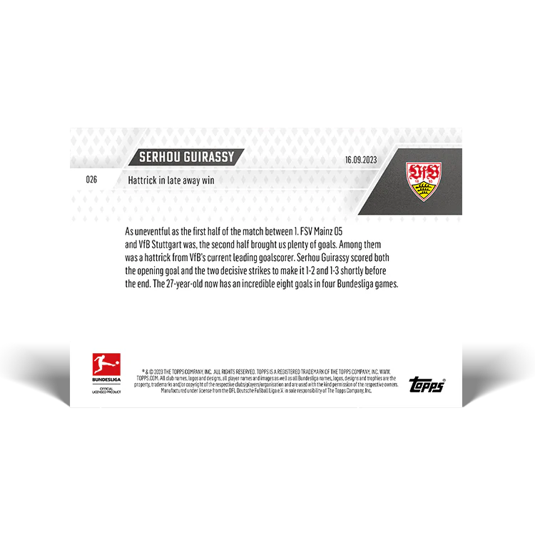 Topps UK - Serhou Guirassy - Hattrick in late away win - Bundesliga TOPPS NOW® Card #26