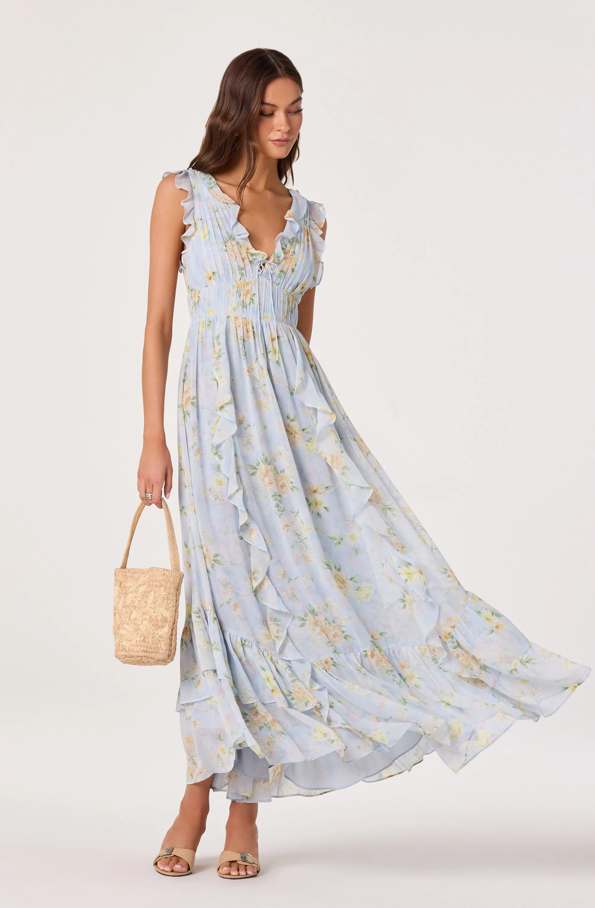 Kindra Ruffle Deep-V Maxi Dress