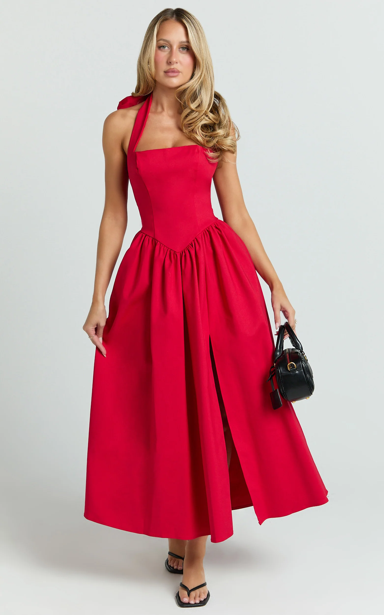Helda Midi Dress Halter Tie Neck Corset Panel Dress in Red