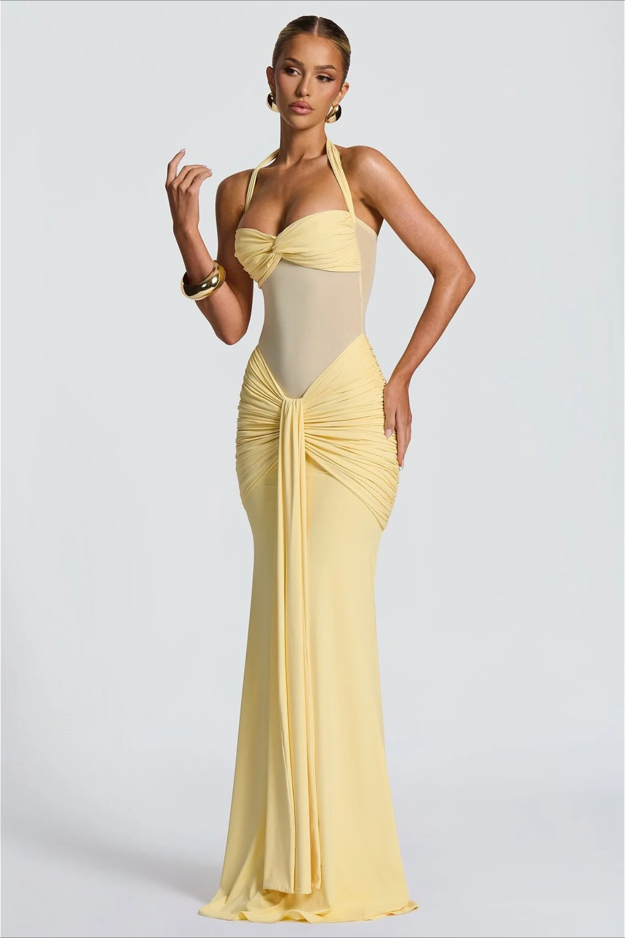 Sheer Mesh Sash Bodycon Maxi Dress
