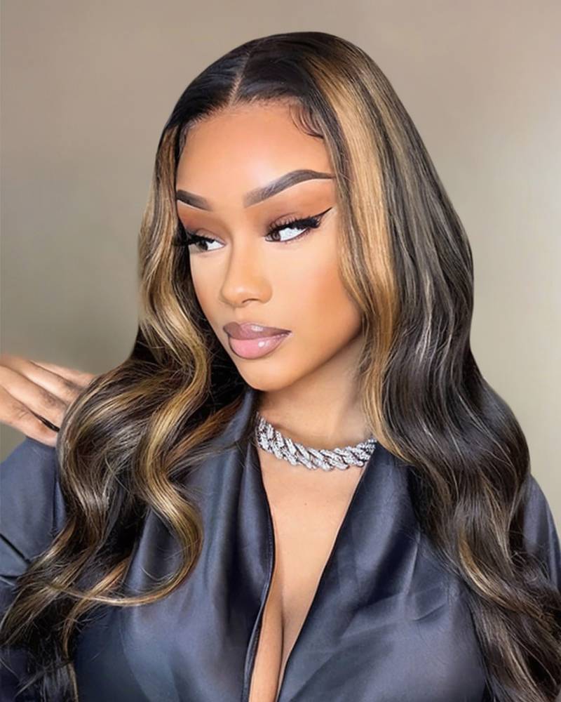 Ophirawig 13x4 Frontal Lace Auburn Highlights on Black Hair Body Wave Wig Invisible Knots Realistic Hairline