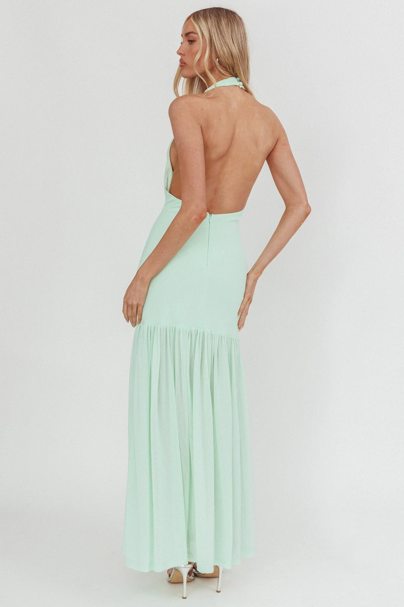 Kailyn Cowl Neck Sheer Hem Maxi Dress Mint