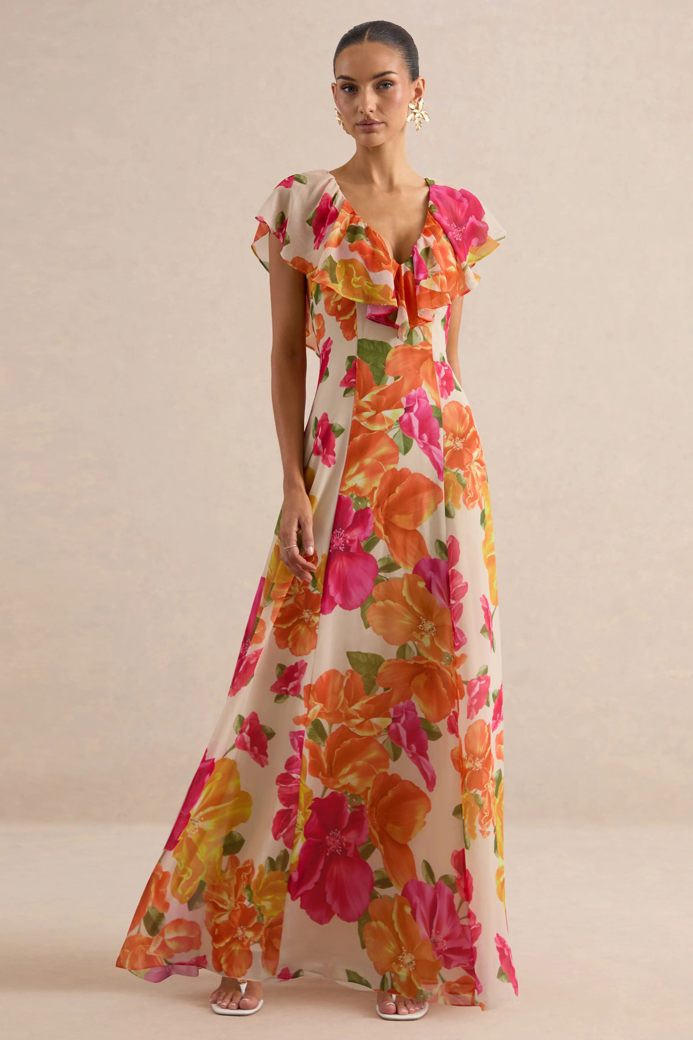 Naelle | Orange Floral Print Chiffon Plunge-Neck Maxi Dress With Ruffled Detailing