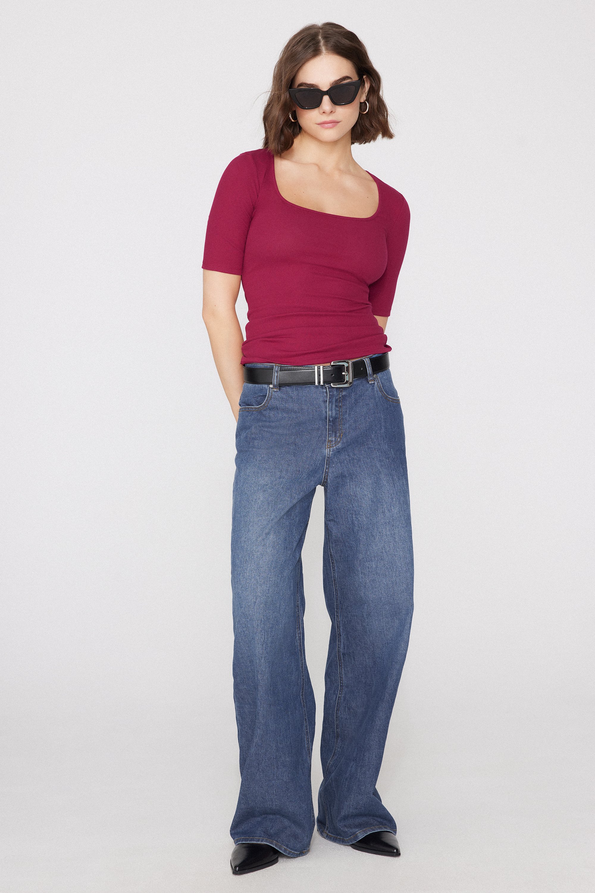 Short Sleeved Square Neck Ribbed Cotton T-shirt