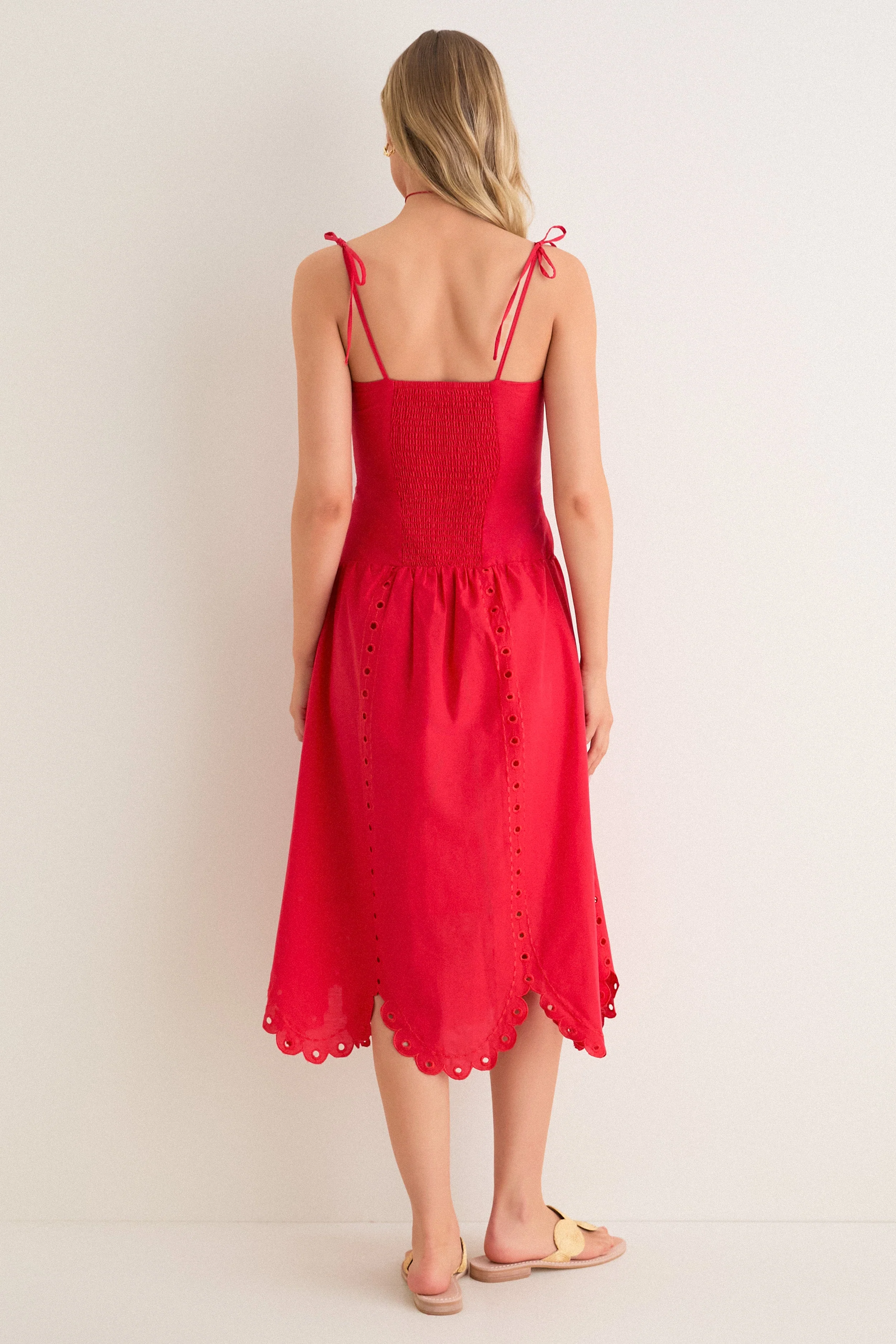 Red Eyelet Detail Midi Dress