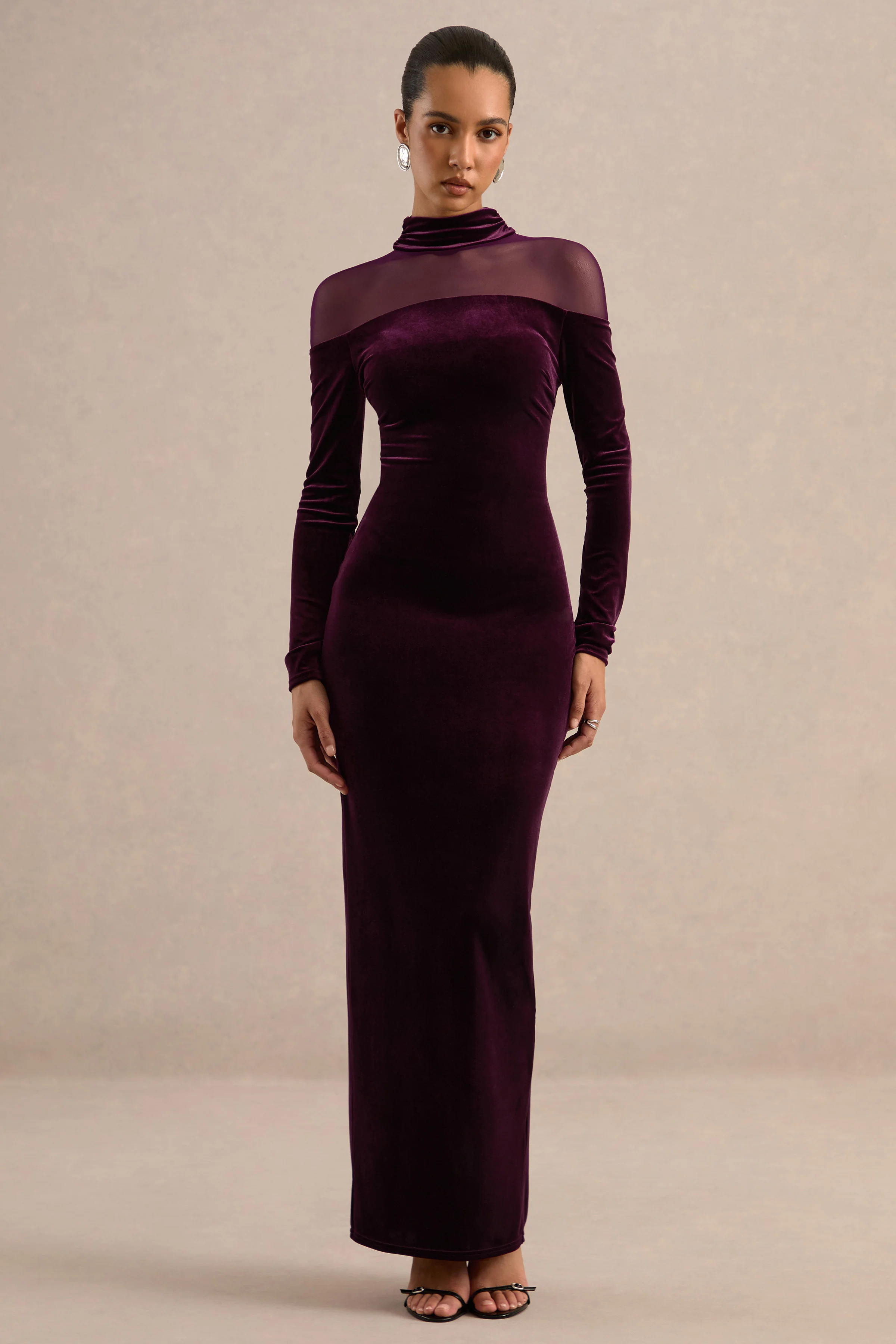 Rosa | Plum Velvet High Neck Long Sleeve Maxi Dress With Sheer Detailing