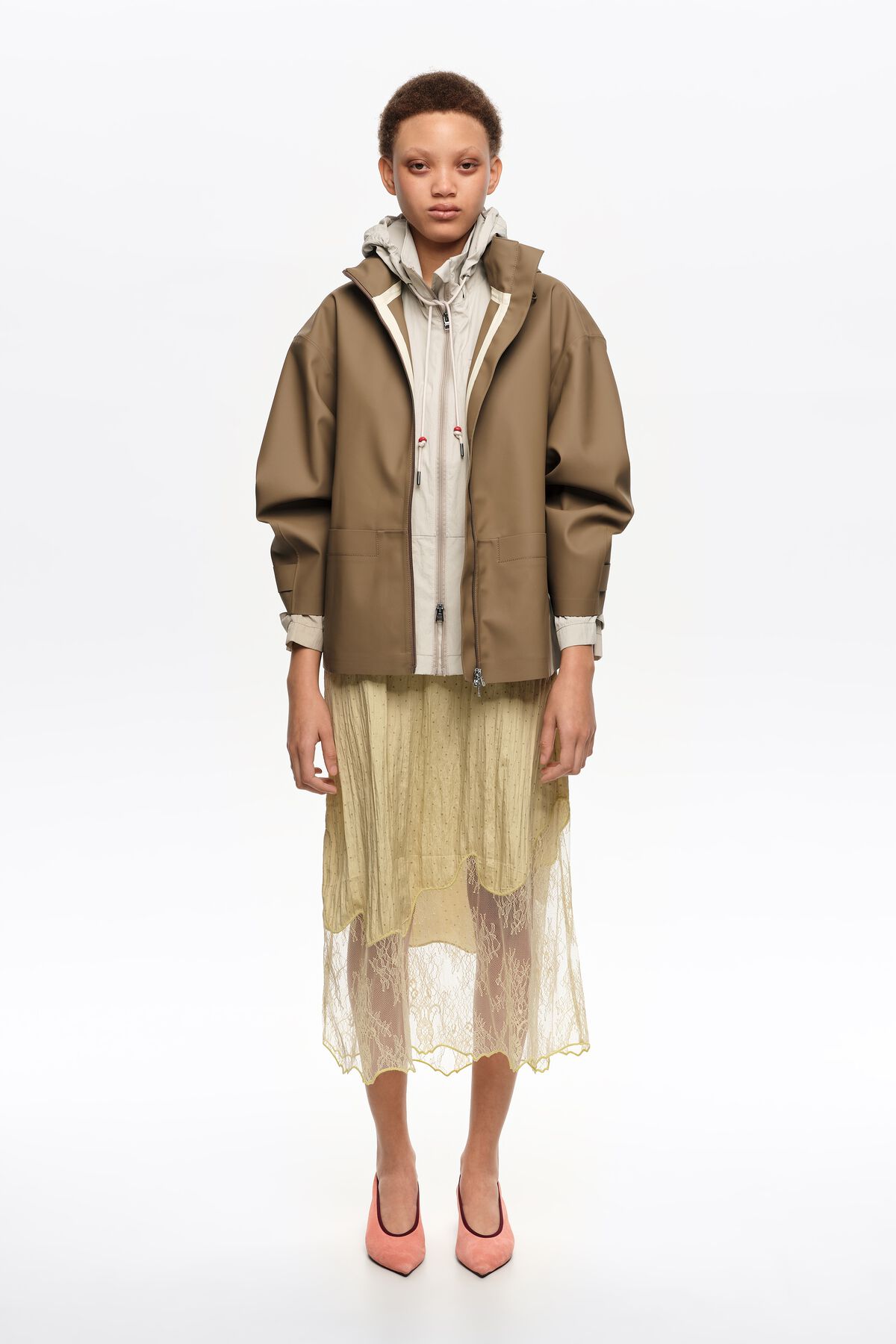 Dark camel rubberized A-line trench