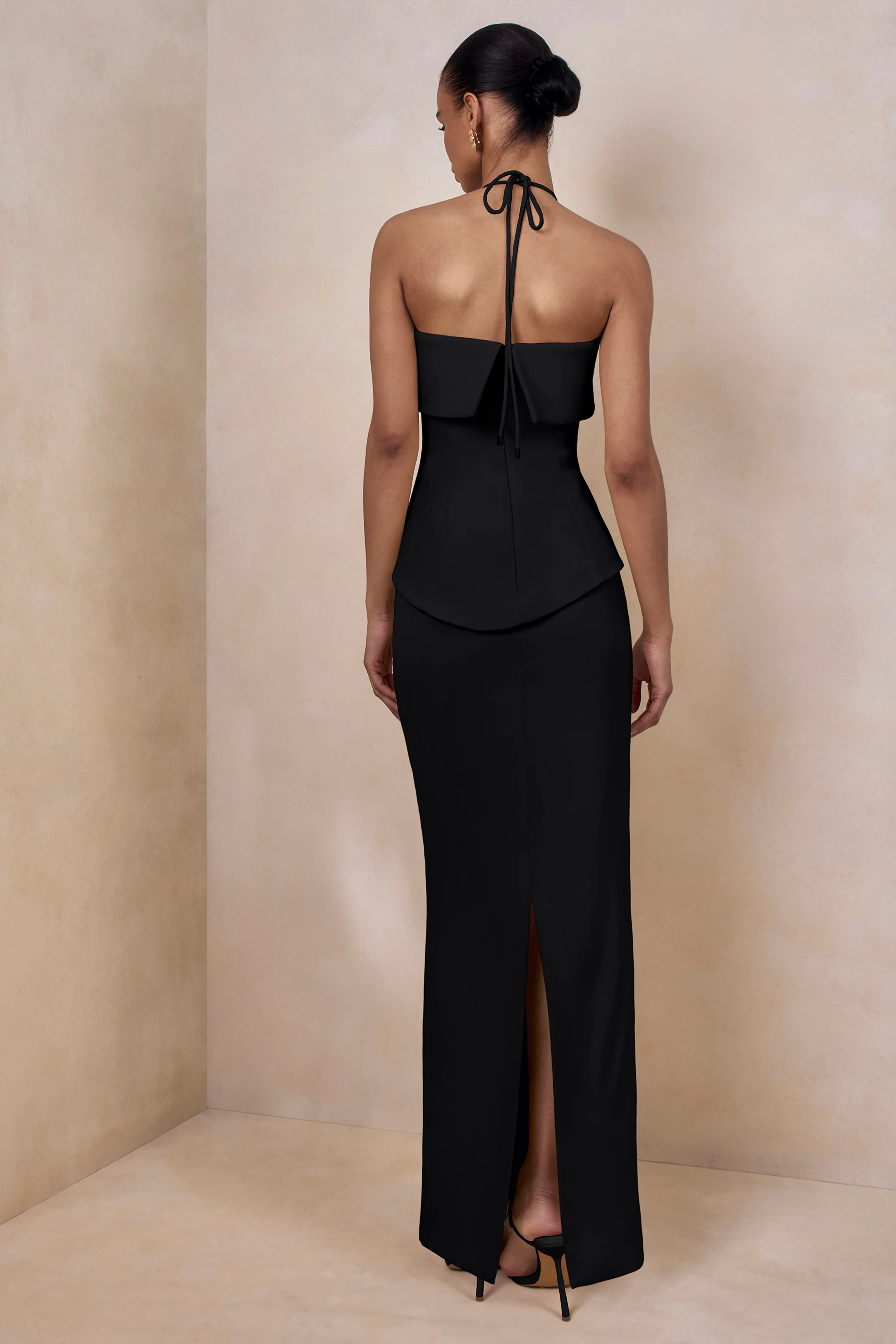 Fran | Black Scuba Square Neck Maxi Dress With Corset And Back Split