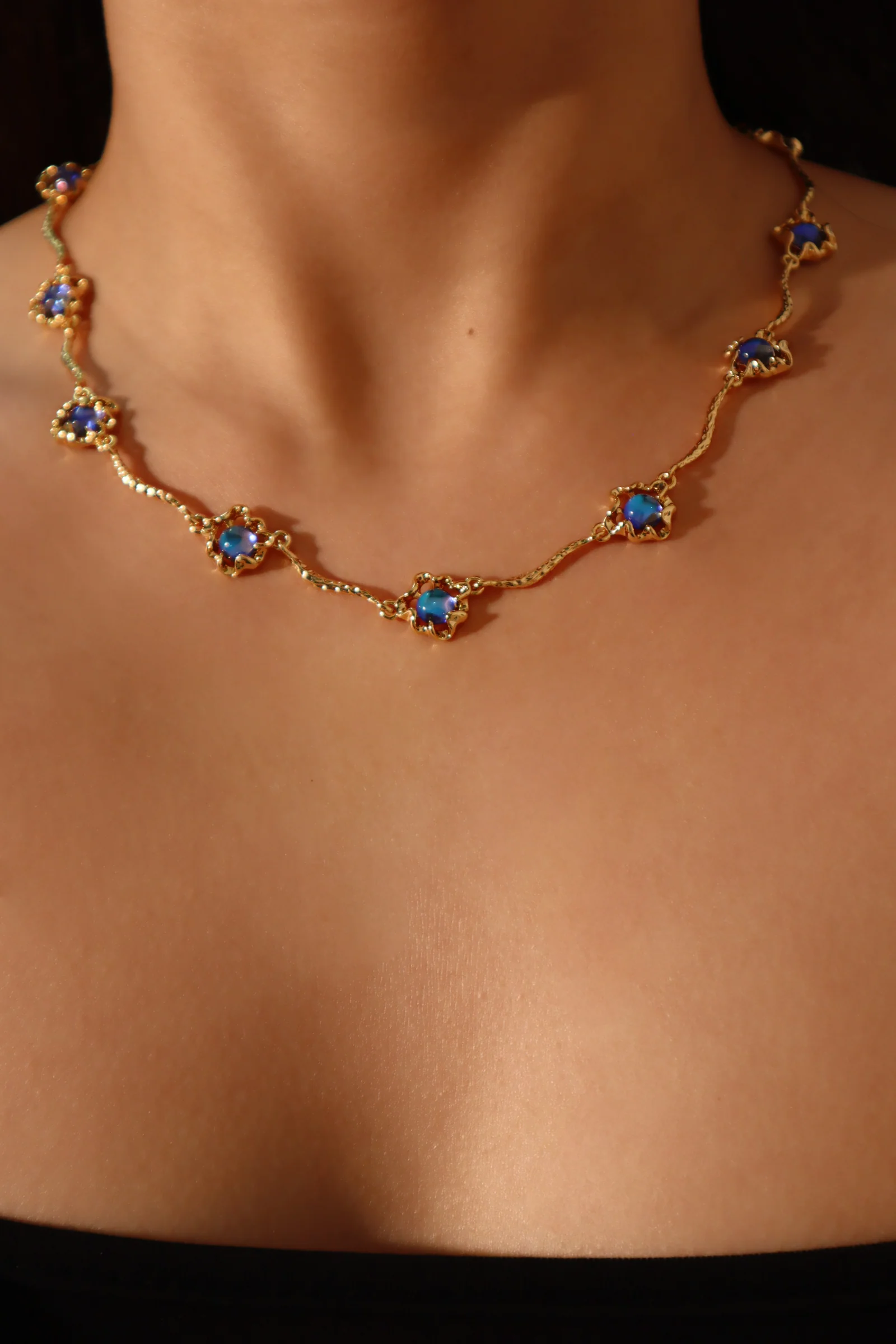 18K Real Gold Plated Multi Deep Blue Moonstones Necklace
