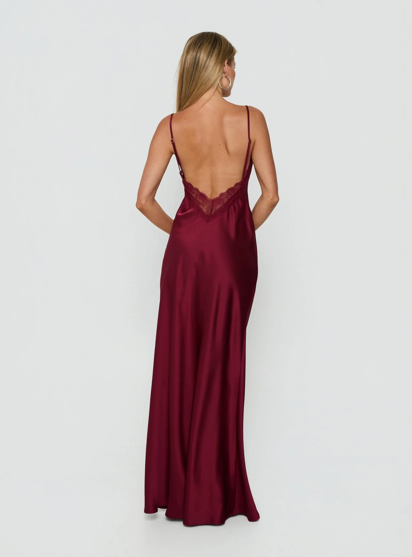 Flip A Switch Satin Lace Slip Maxi Dress Burgundy