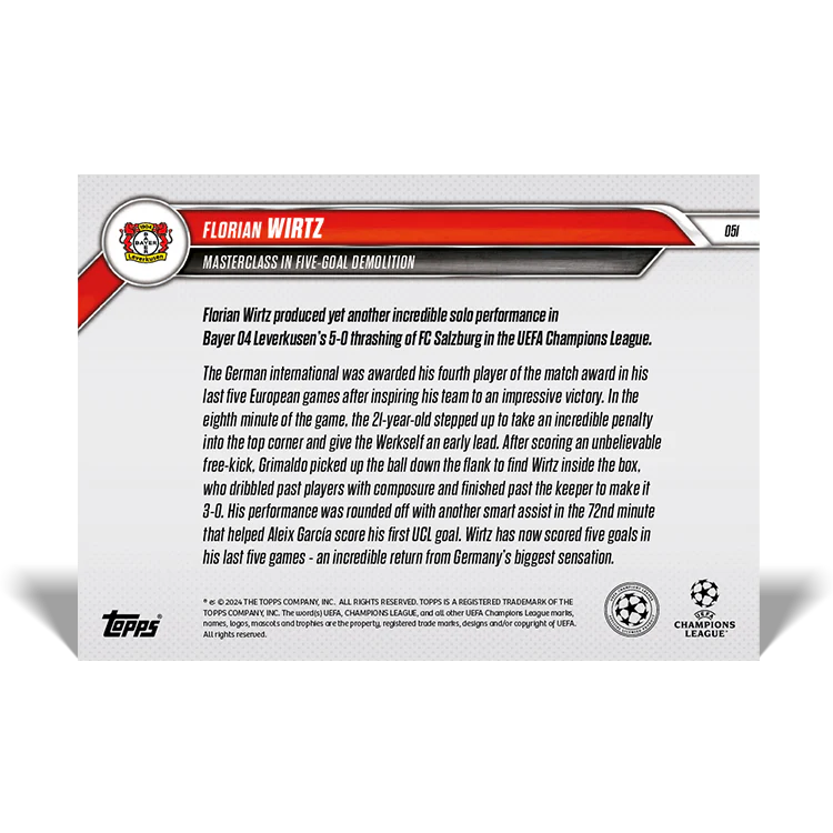 Florian Wirtz - Masterclass in five-goal demolition - 24/25 UCC Topps NOW® Card 51