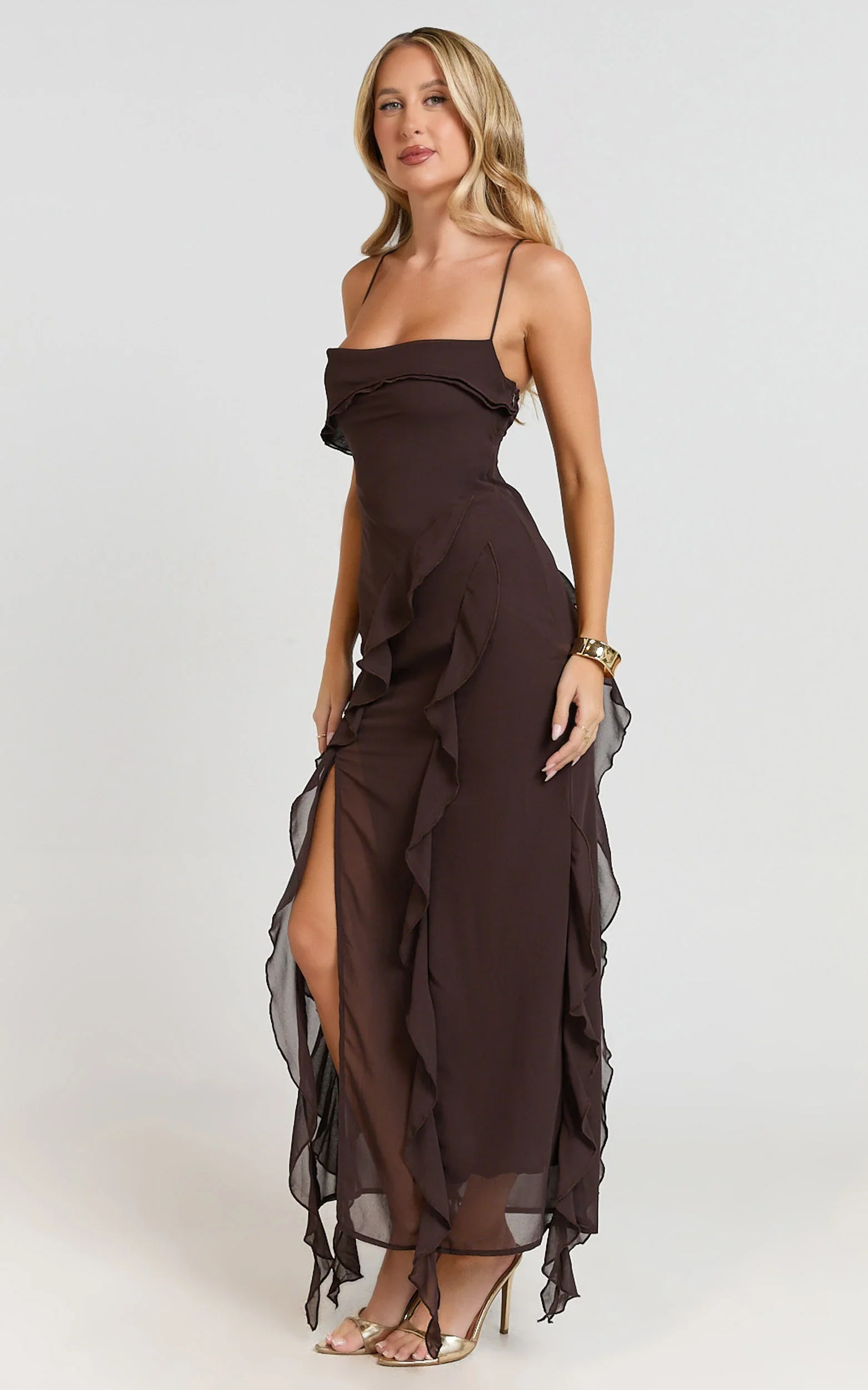 Connie Midi Dress - Ruffle Detail Dress in Chocolate