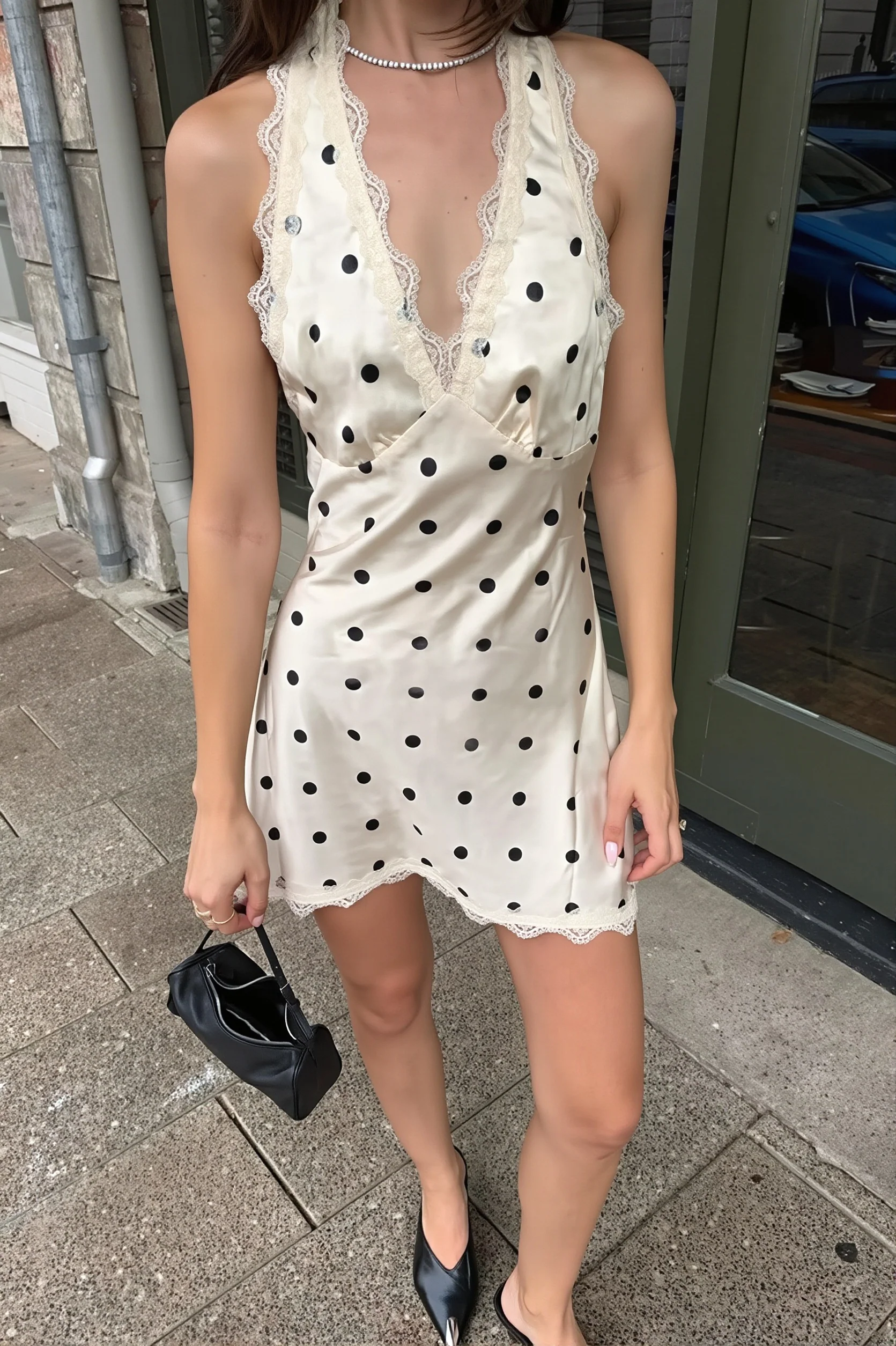 Polka Dot Lace Trim Halter V Neck Mini Dress