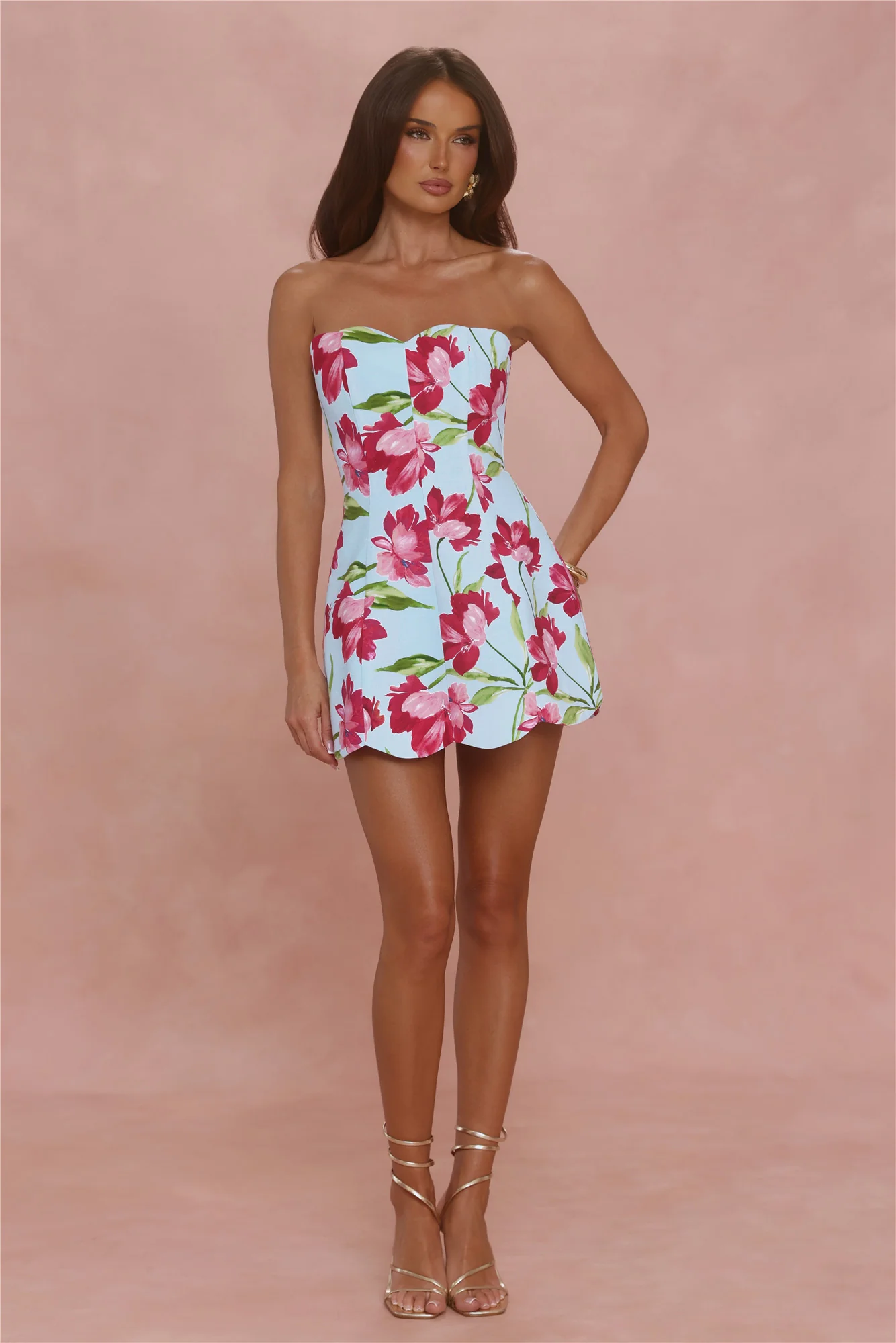Crimson Bloom Strapless Mini Dress Blue