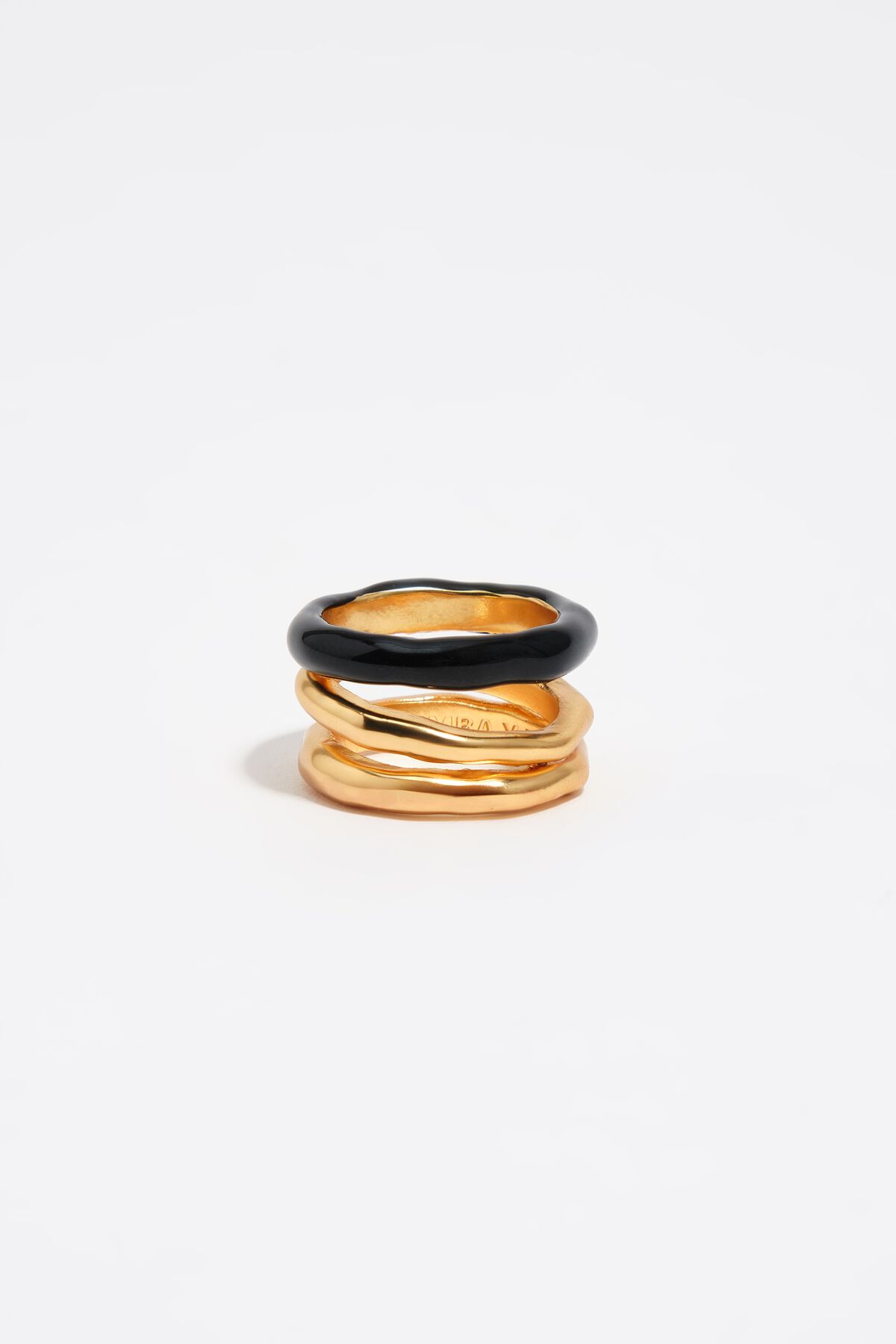 Gold band textured ring with black enamel