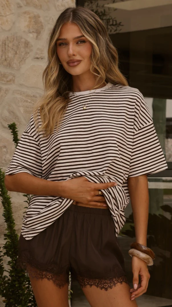 Zaina Stripe T-Shirt and Micro Lace Shorts - Chocolate/White
