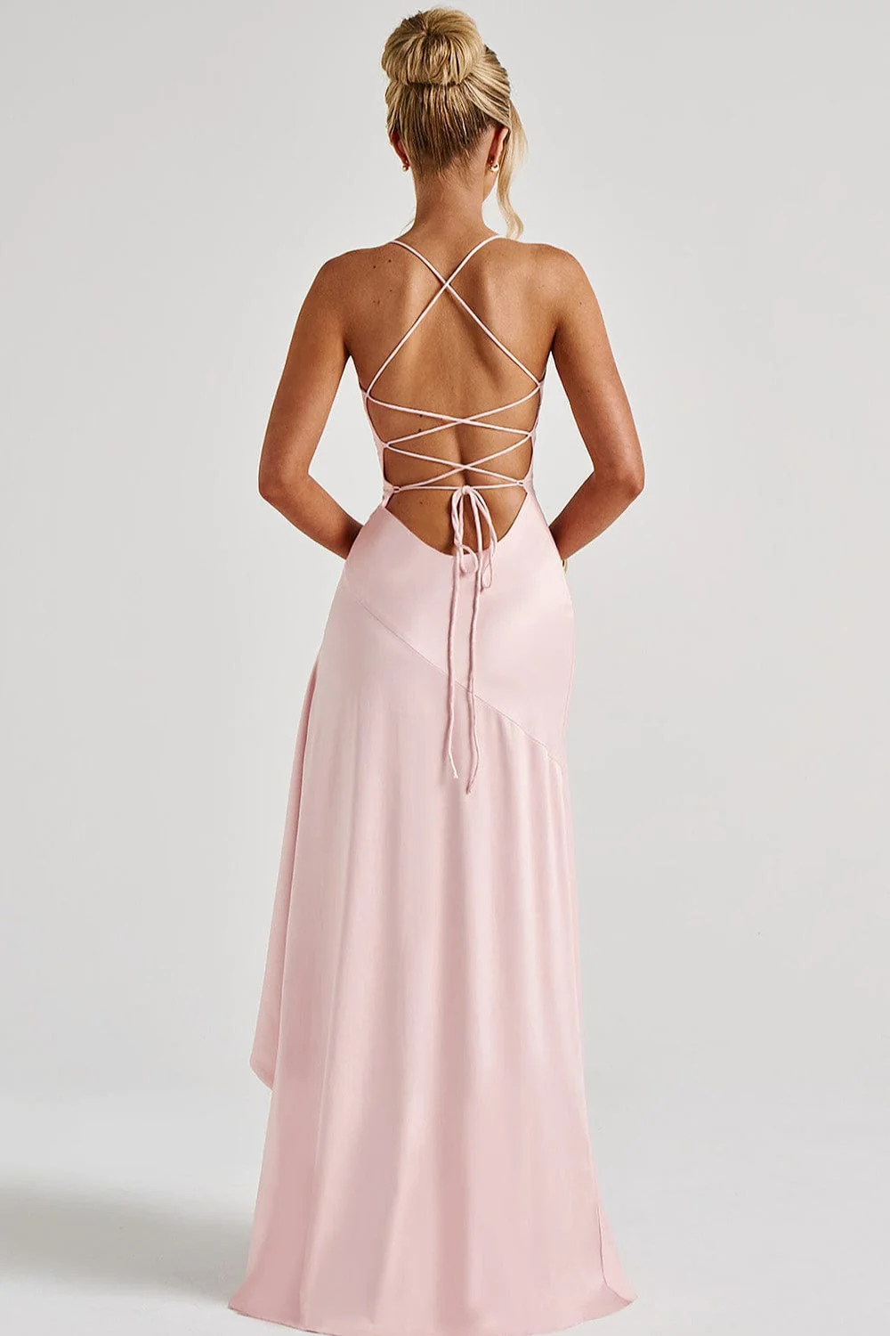 Satin Halter Irregular Split Ruffle Maxi Dress