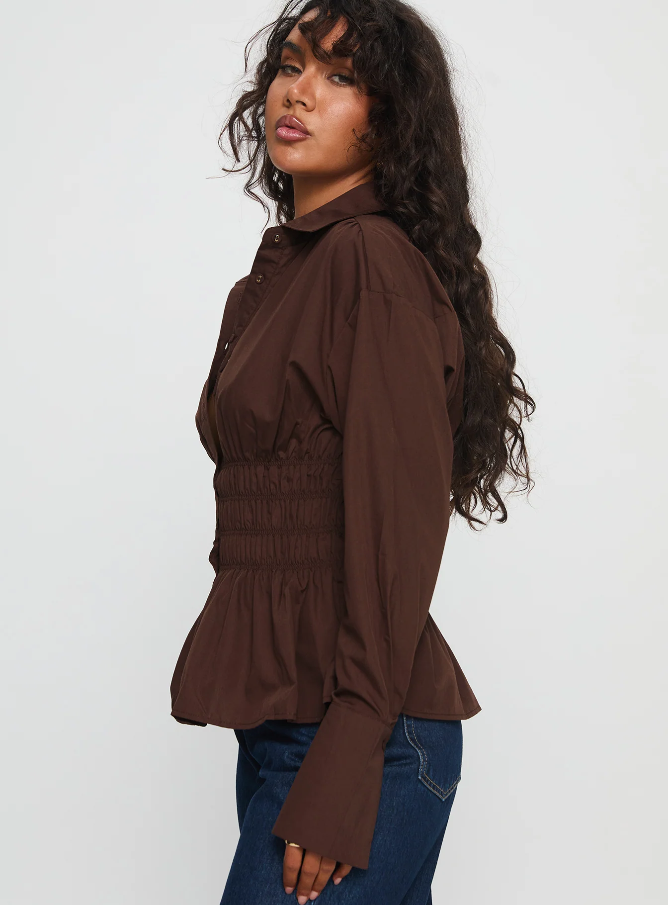 As You Are Shirred Button Up Top Chocolate