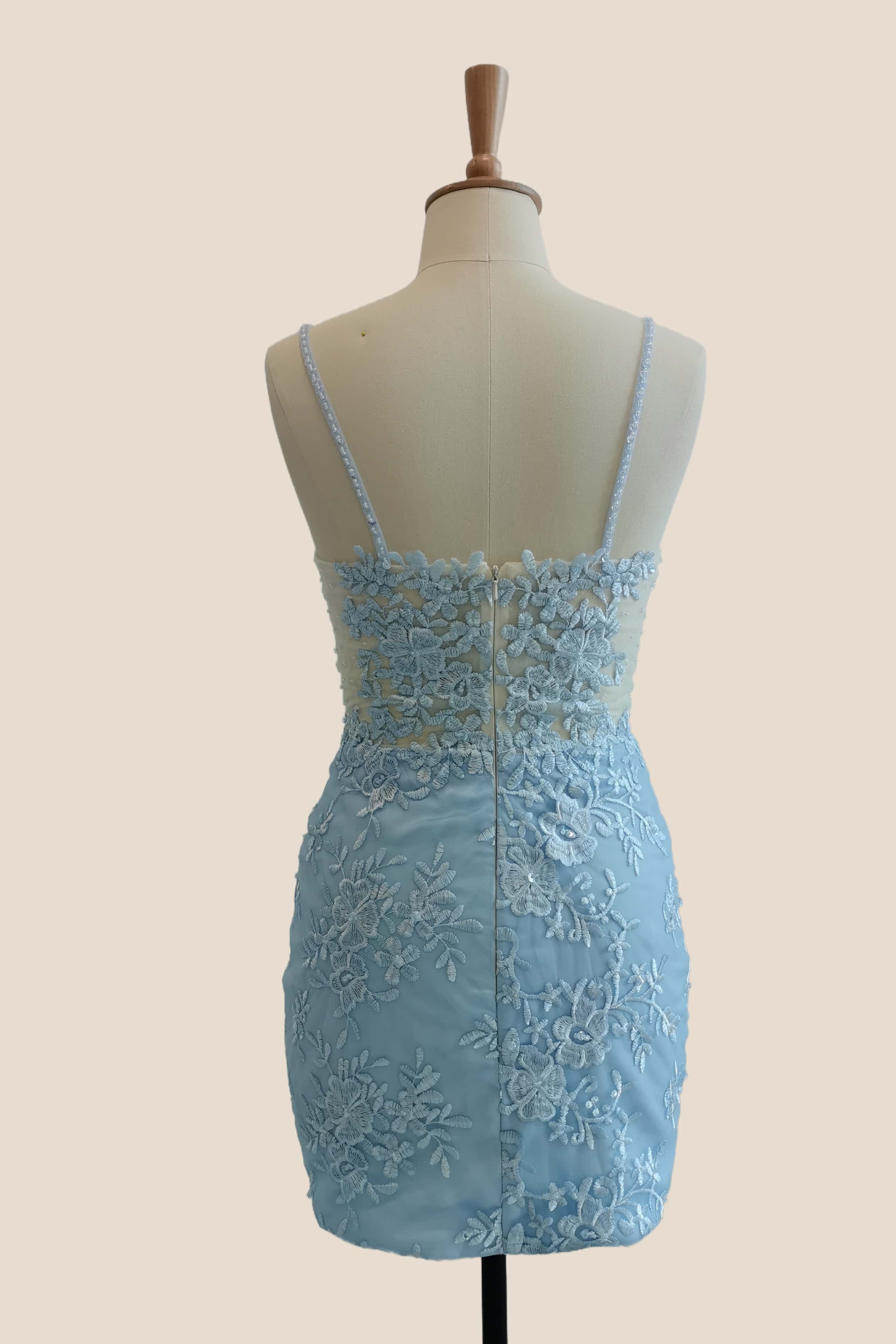 Light Blue Straps Appliques Fitted Short Dress
