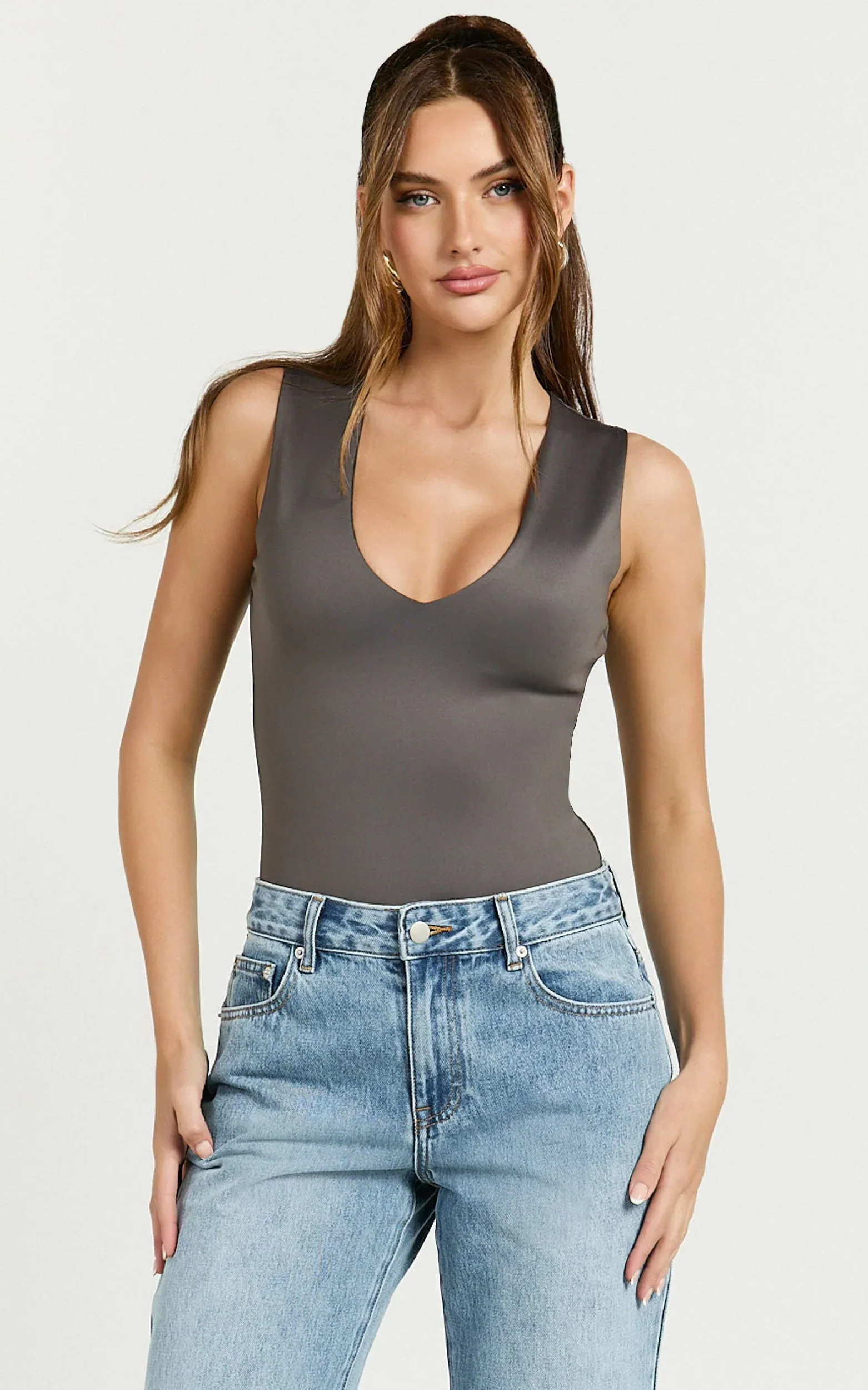 Charlotte Bodysuit - V Neck Bodysuit in Charcoal