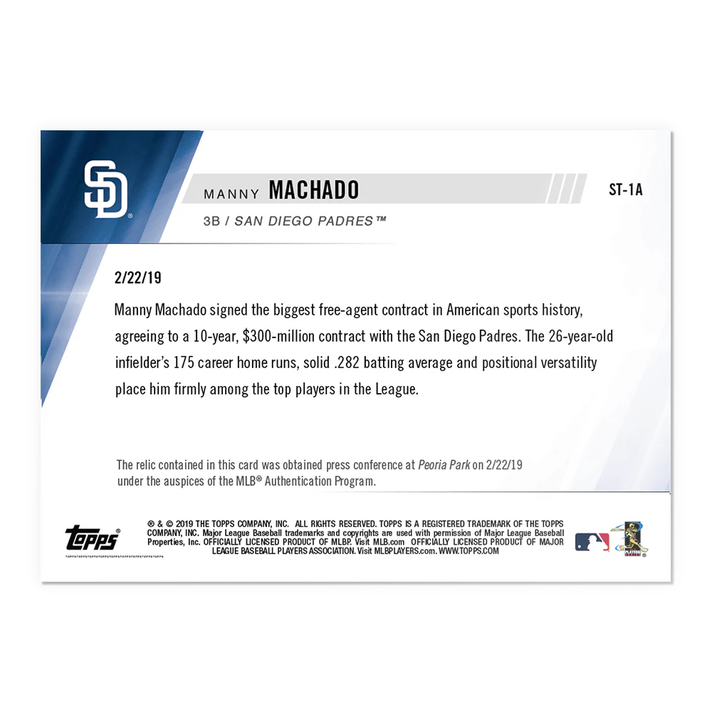 Tablecloth Relic # to 99 - Manny Machado Signing - MLB TOPPS NOW® Card ST-1A