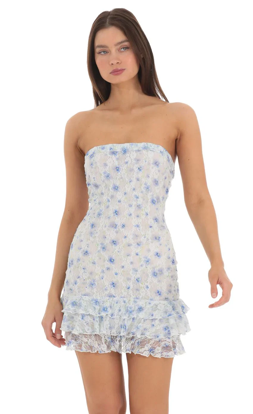 Floral Lace Strapless Bodycon Dress in White