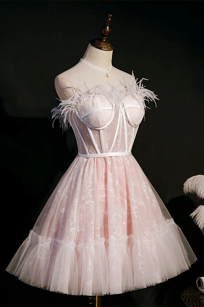 Feather Pink Lace Short A-line Homecoming Dress