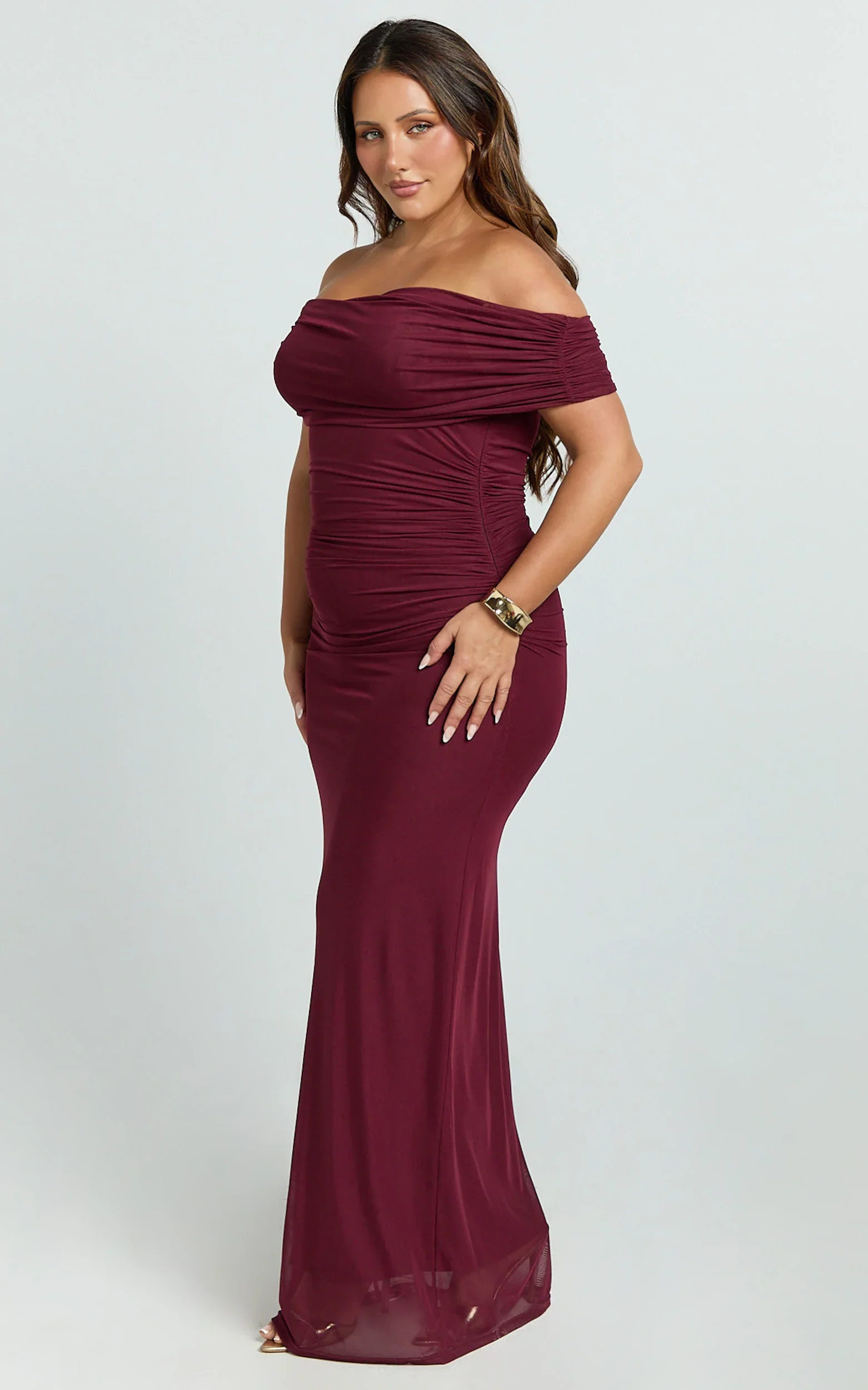 Caterina Maxi - Ruched Off Shoulder Mesh Dress in Wine