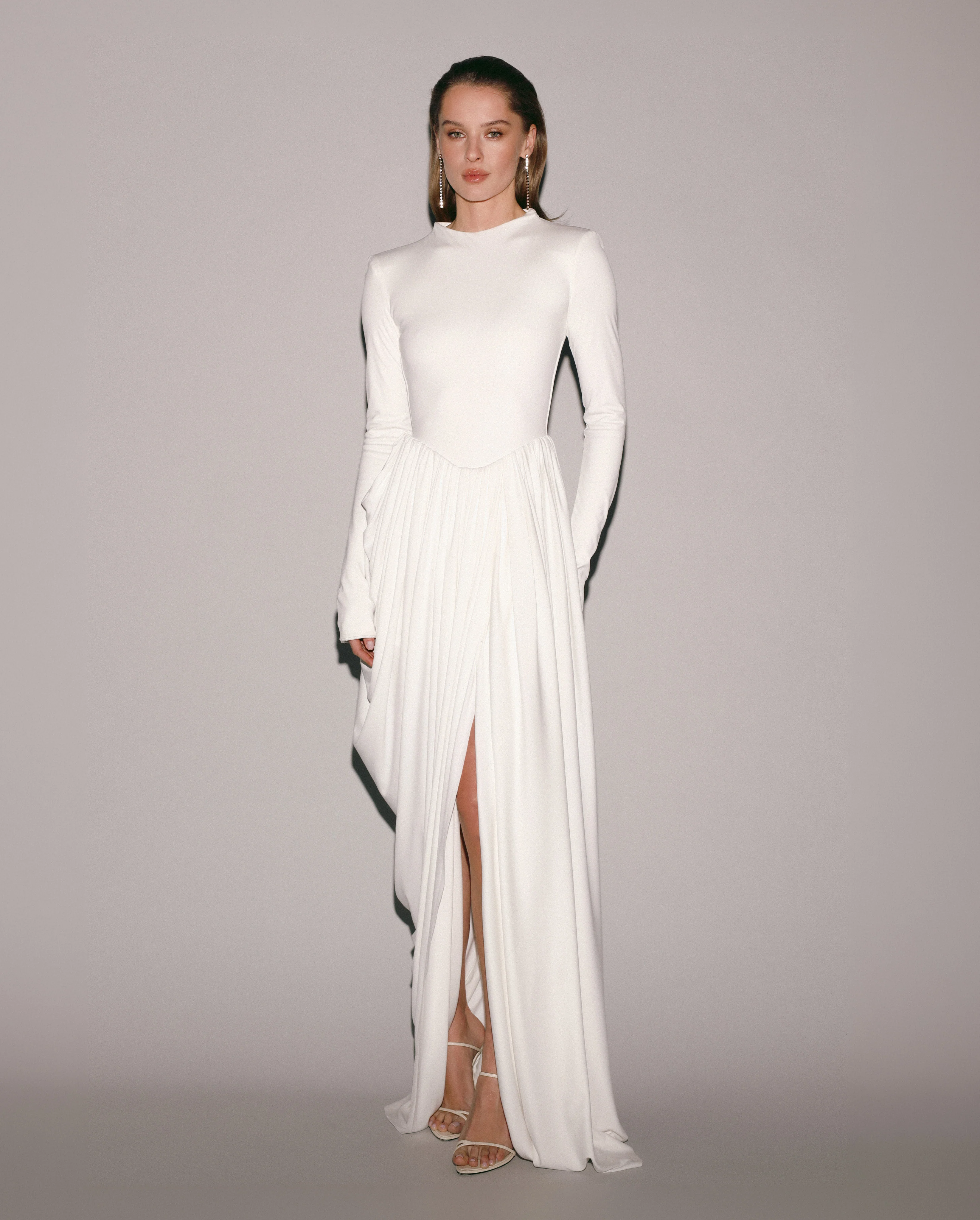 White Maxi Dress with Slit and Long Sleeves