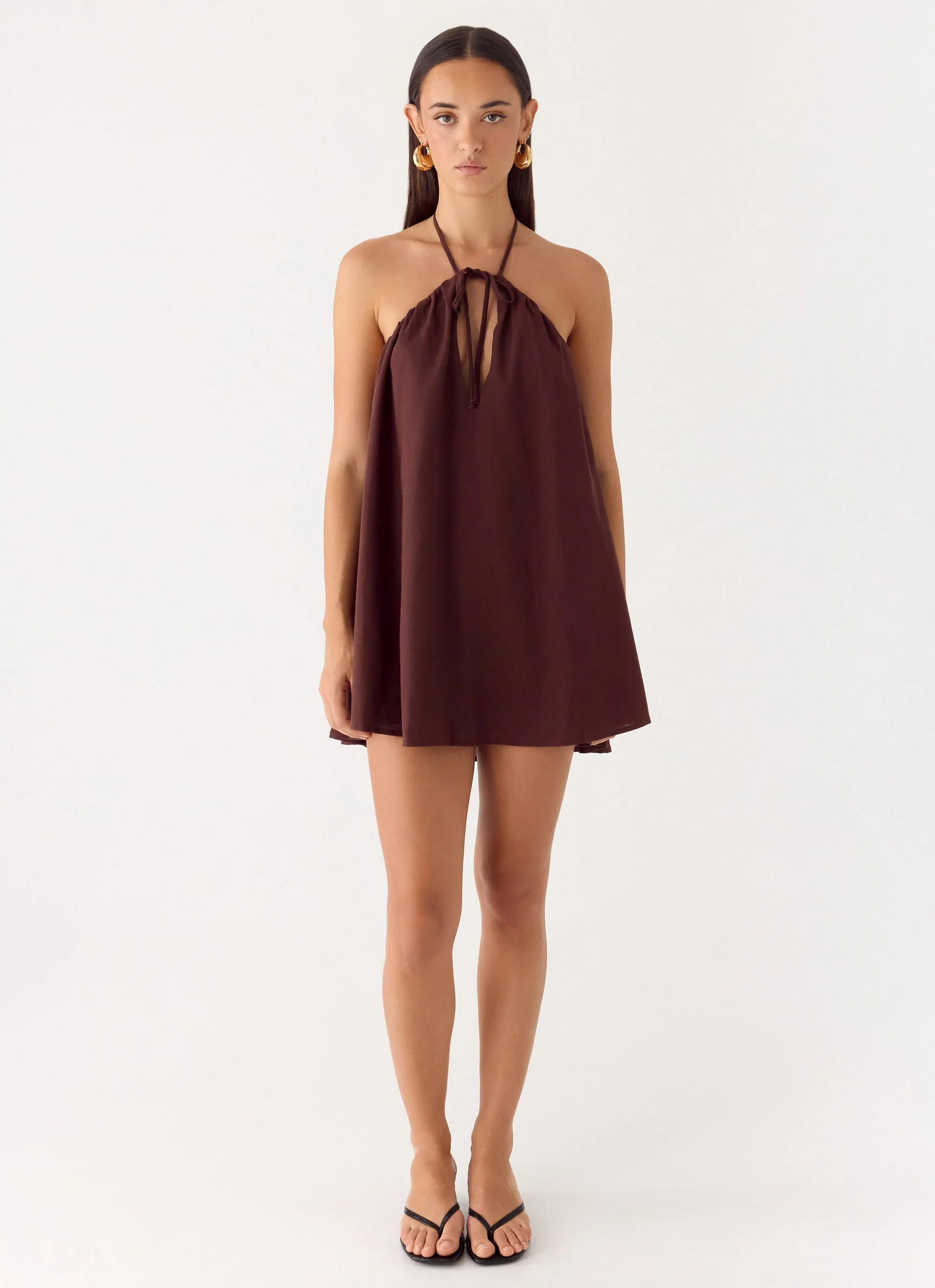 Soft Breeze Linen Mini Dress - Chocolate
