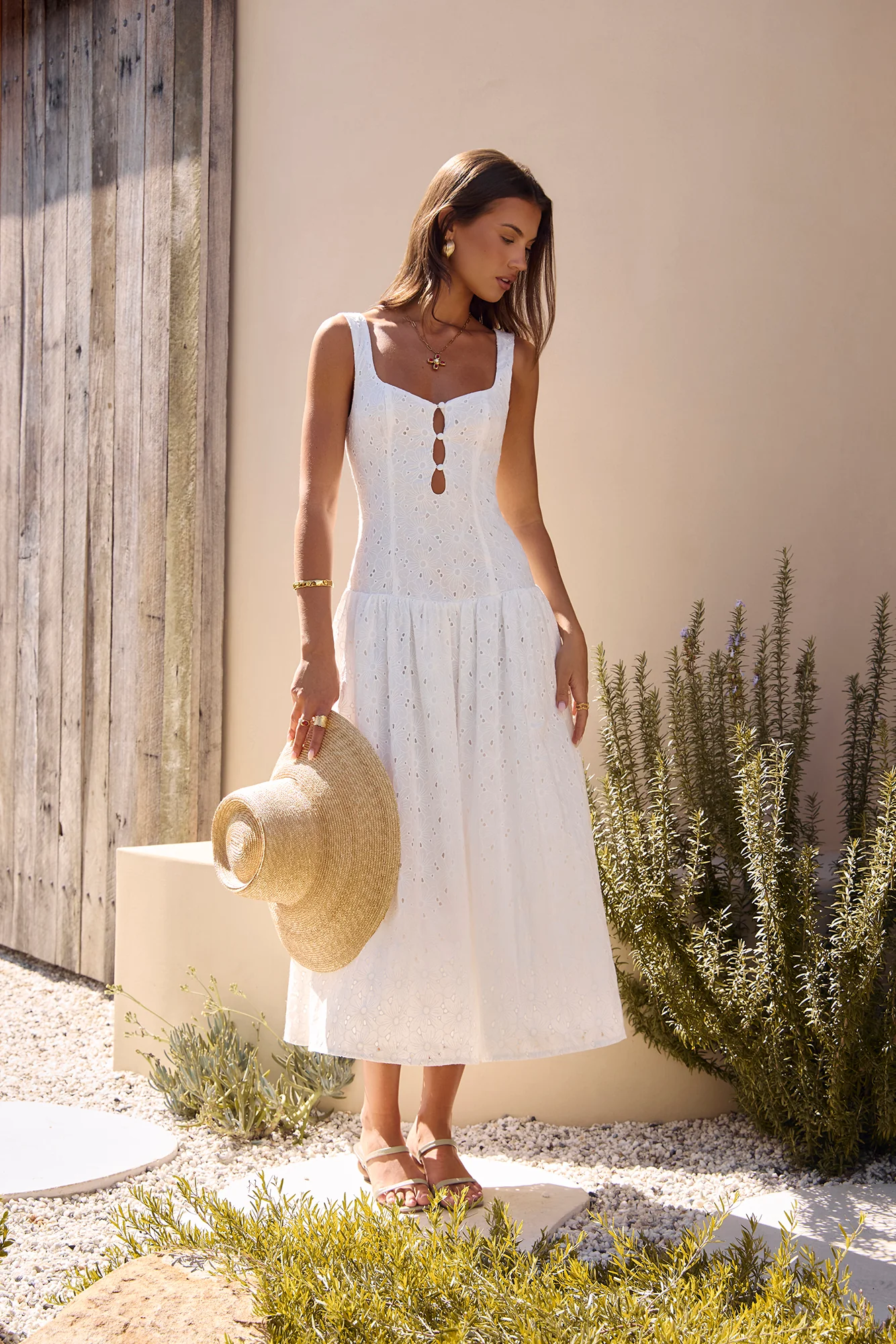 Romance Stitched Embroidered Maxi Dress White