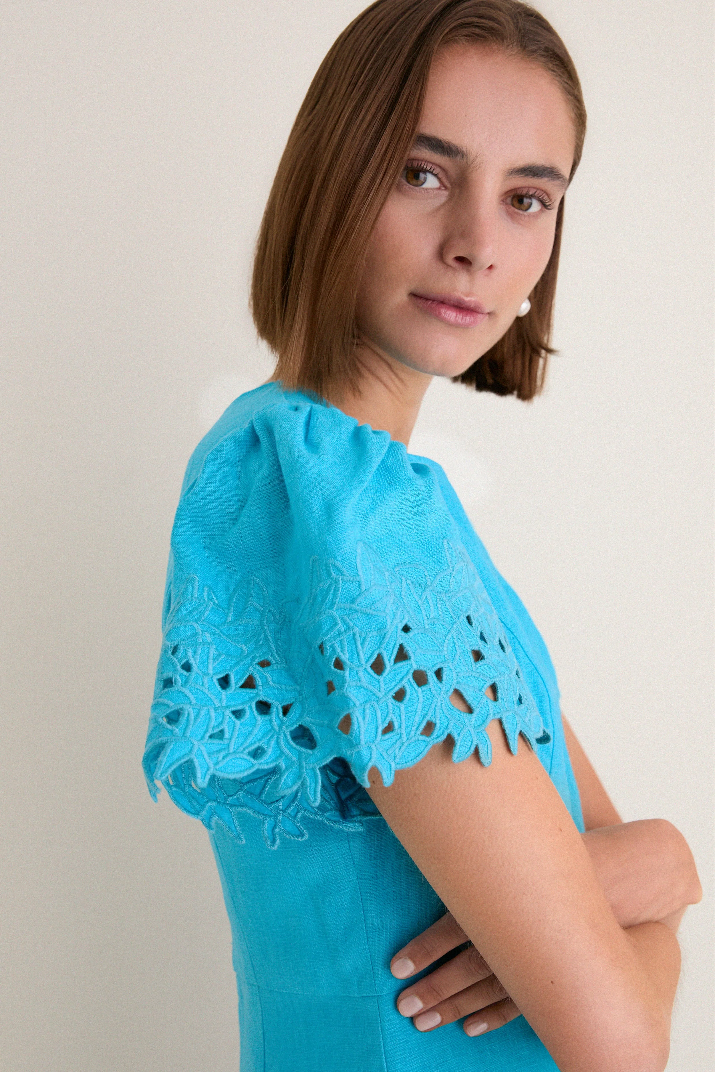 Aqua Linen Embroidered Ruthie Mini Dress