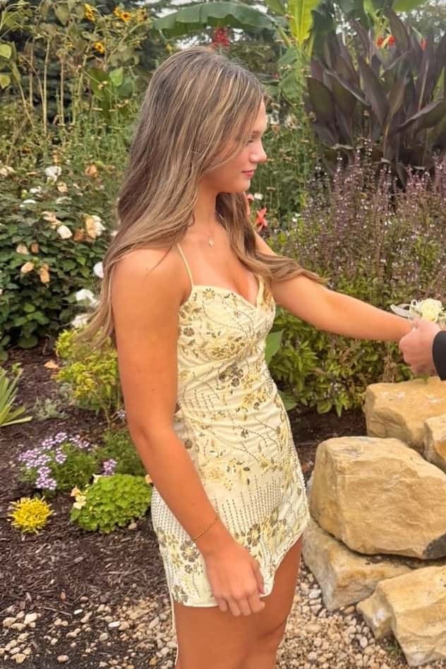 Yellow Beaded Straps Fitted Short Dress