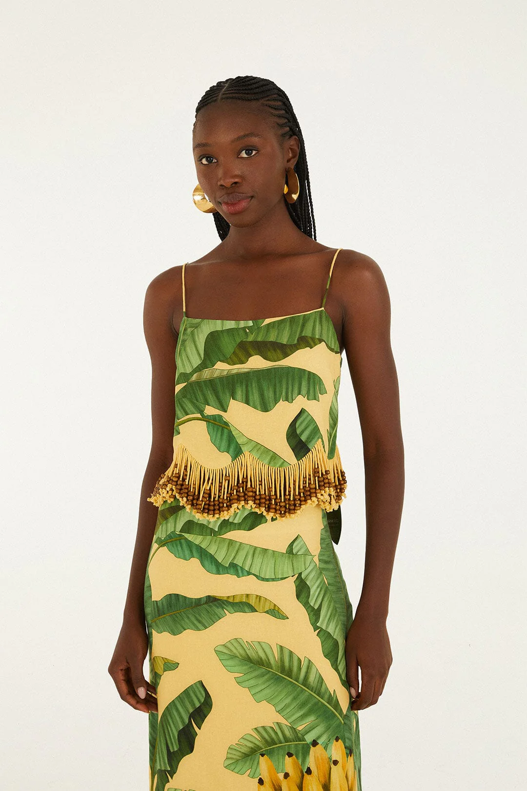 Yellow Fruit Leaves Banana Beaded Fringes Sleeveless Top
