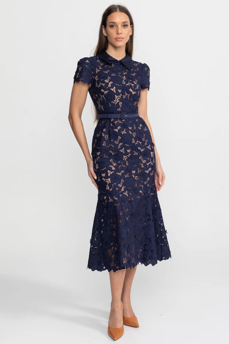 Lace Midi Dress with Belted Waist and Collared Neckline – Navy