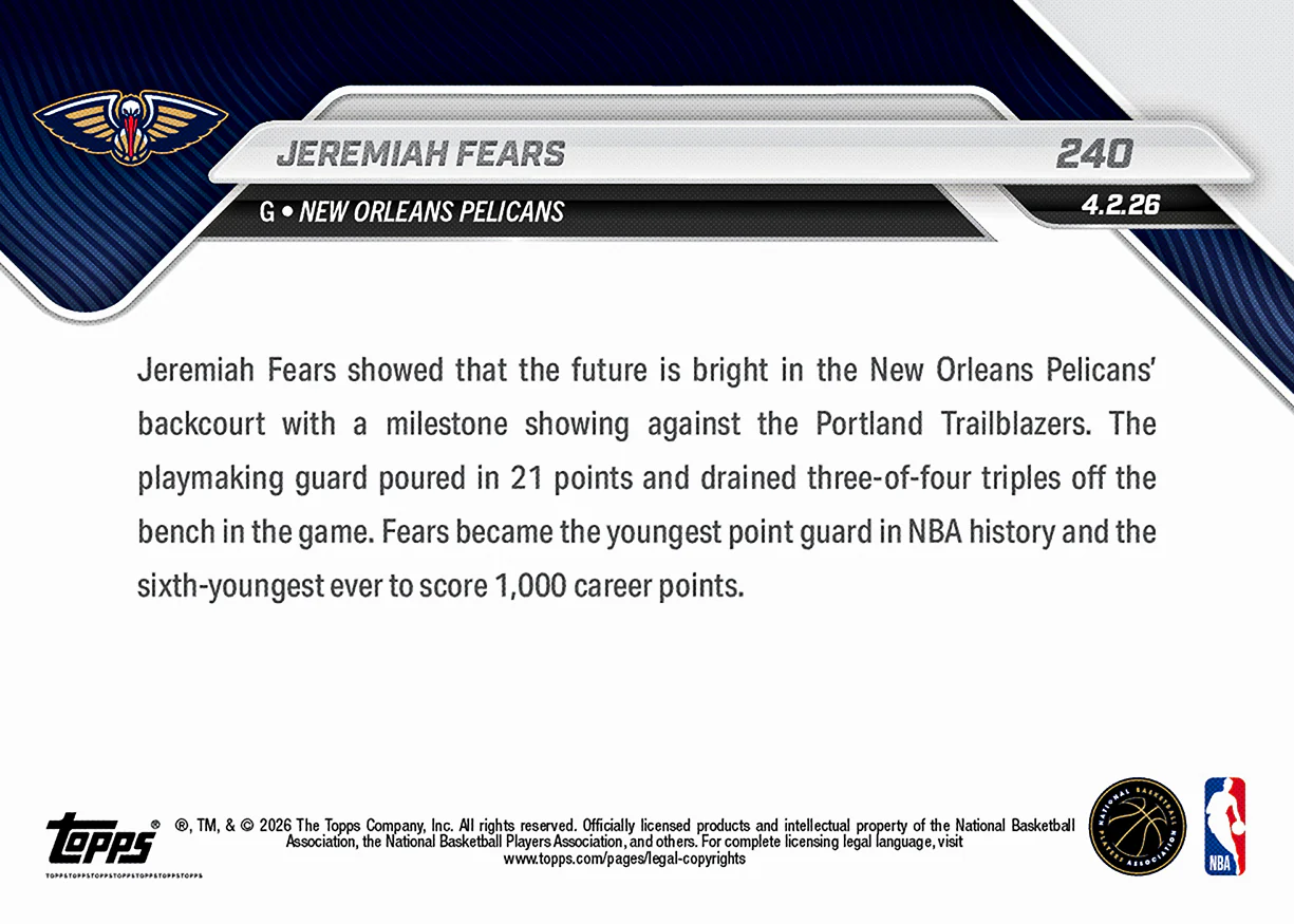 Jeremiah Fears - 2025-26 NBA Topps NOW® - Card 240