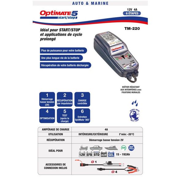 Chargeur de batterie Tecmate OPTIMATE 5 - TM220 UniverselRef : TC0044 / TM220