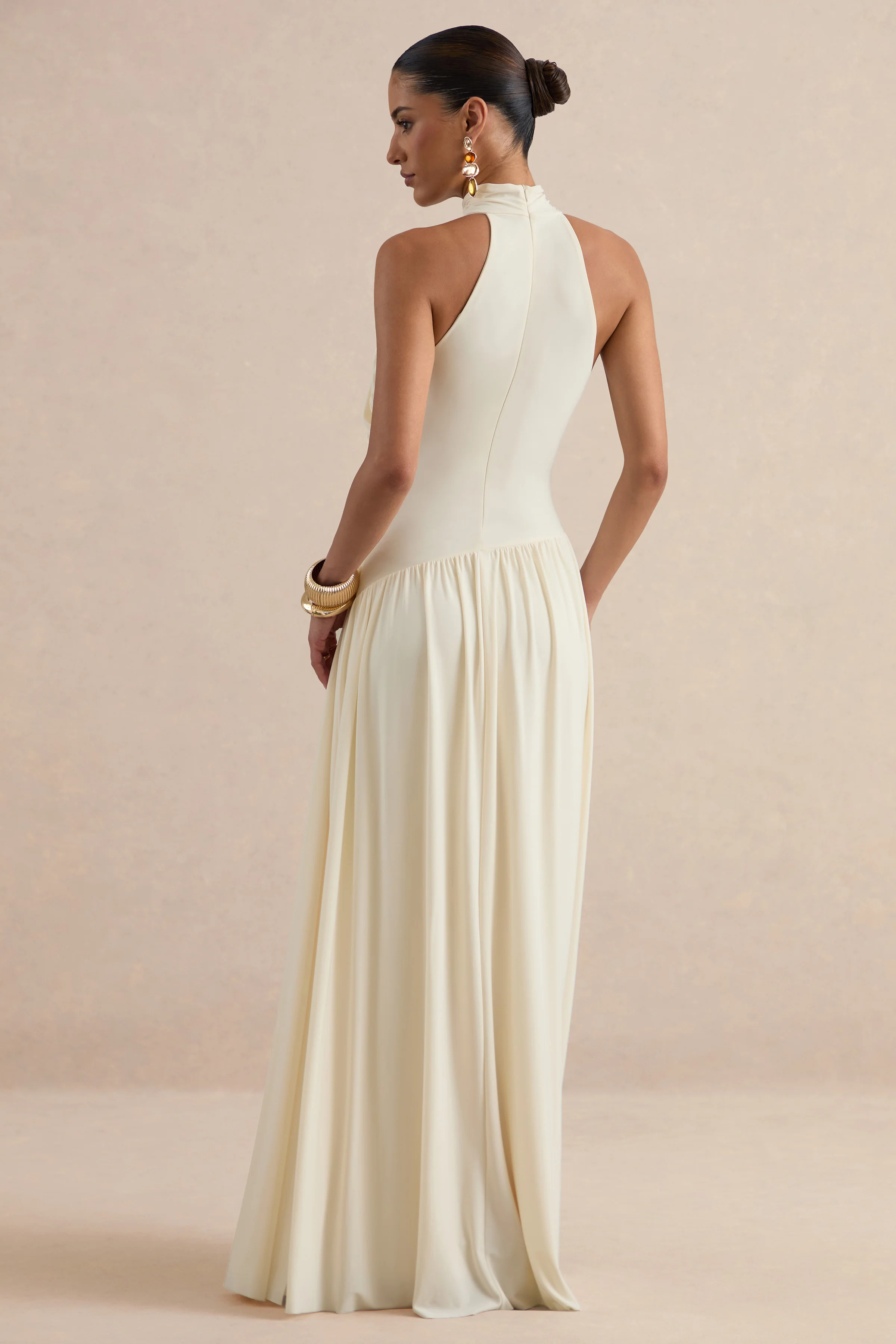 Sibel | Cream Jersey Ruched High Neck Maxi Dress With Draped Detailing And Gold Trim